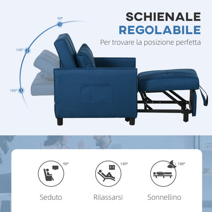 Single Sofa Bed with 3-Level Reclining Backrest, 2 Wheels, and Cushion, Foldable Single Sofa Bed for Living Room in Linen Effect Fabric and Wood, 69x82x85cm, Blue