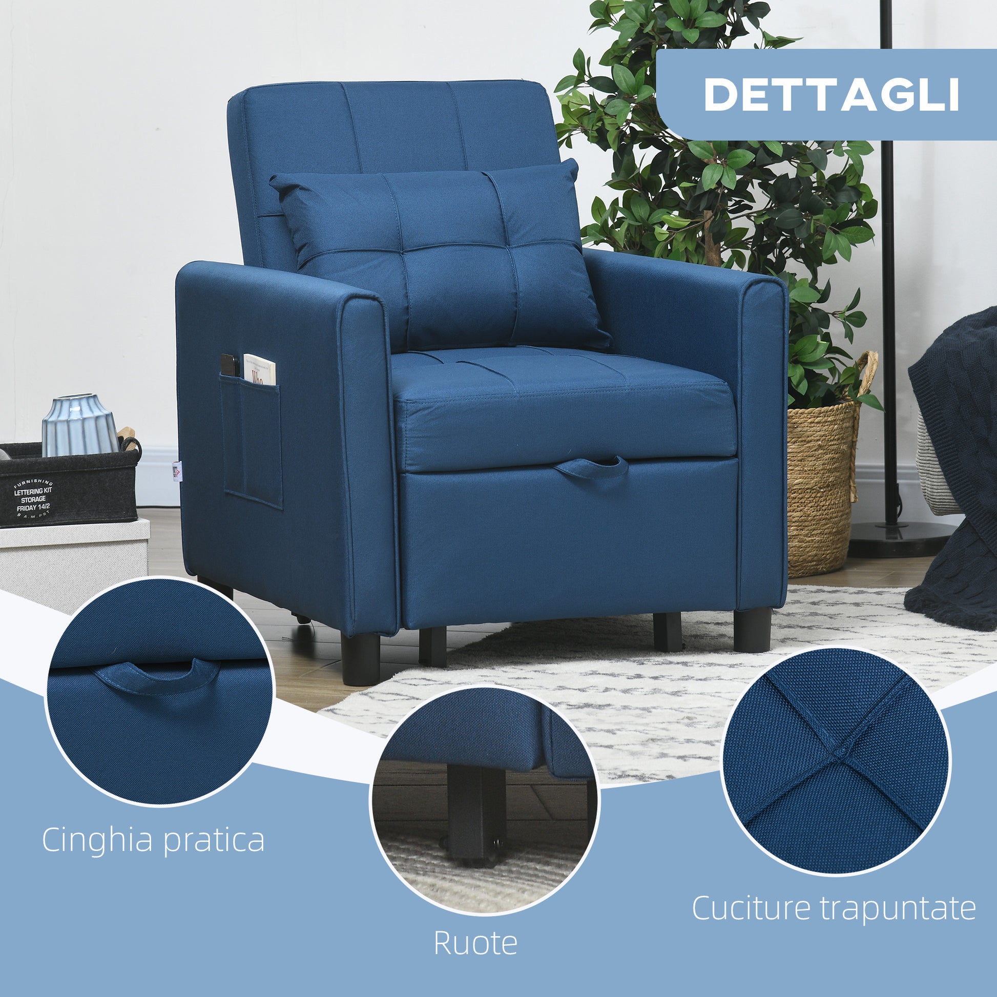 Single Sofa Bed with 3-Level Reclining Backrest, 2 Wheels, and Cushion, Foldable Single Sofa Bed for Living Room in Linen Effect Fabric and Wood, 69x82x85cm, Blue