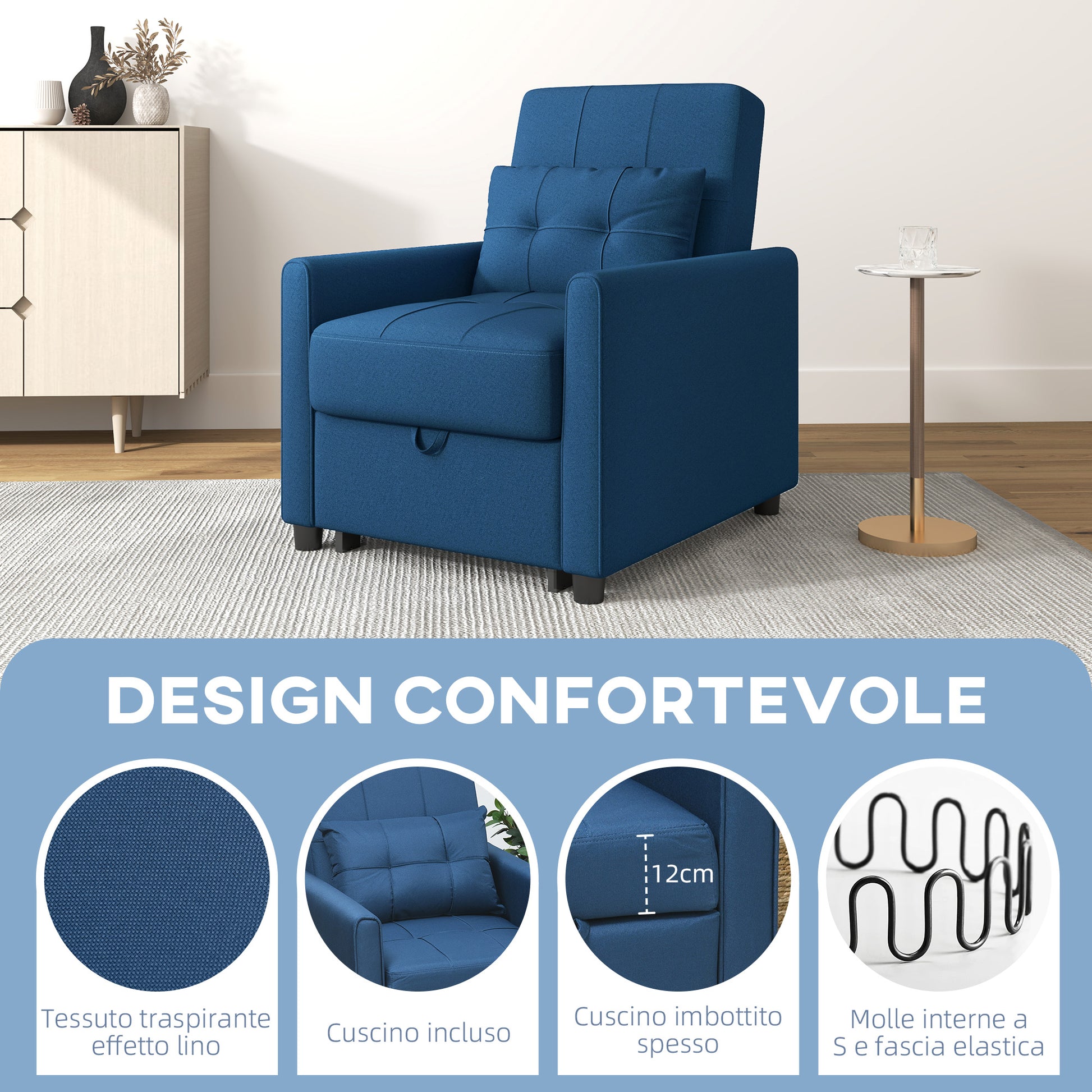 Single Sofa Bed with 3-Level Reclining Backrest, 2 Wheels, and Cushion, Foldable Single Sofa Bed for Living Room in Linen Effect Fabric and Wood, 69x82x85cm, Blue