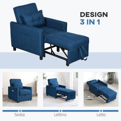Single Sofa Bed with 3-Level Reclining Backrest, 2 Wheels, and Cushion, Foldable Single Sofa Bed for Living Room in Linen Effect Fabric and Wood, 69x82x85cm, Blue