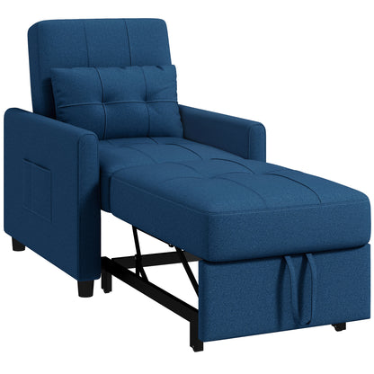 Single Sofa Bed with 3-Level Reclining Backrest, 2 Wheels, and Cushion, Foldable Single Sofa Bed for Living Room in Linen Effect Fabric and Wood, 69x82x85cm, Blue