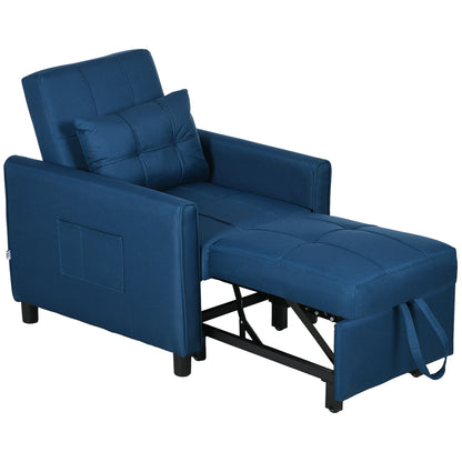 Single Sofa Bed with 3-Level Reclining Backrest, 2 Wheels, and Cushion, Foldable Single Sofa Bed for Living Room in Linen Effect Fabric and Wood, 69x82x85cm, Blue
