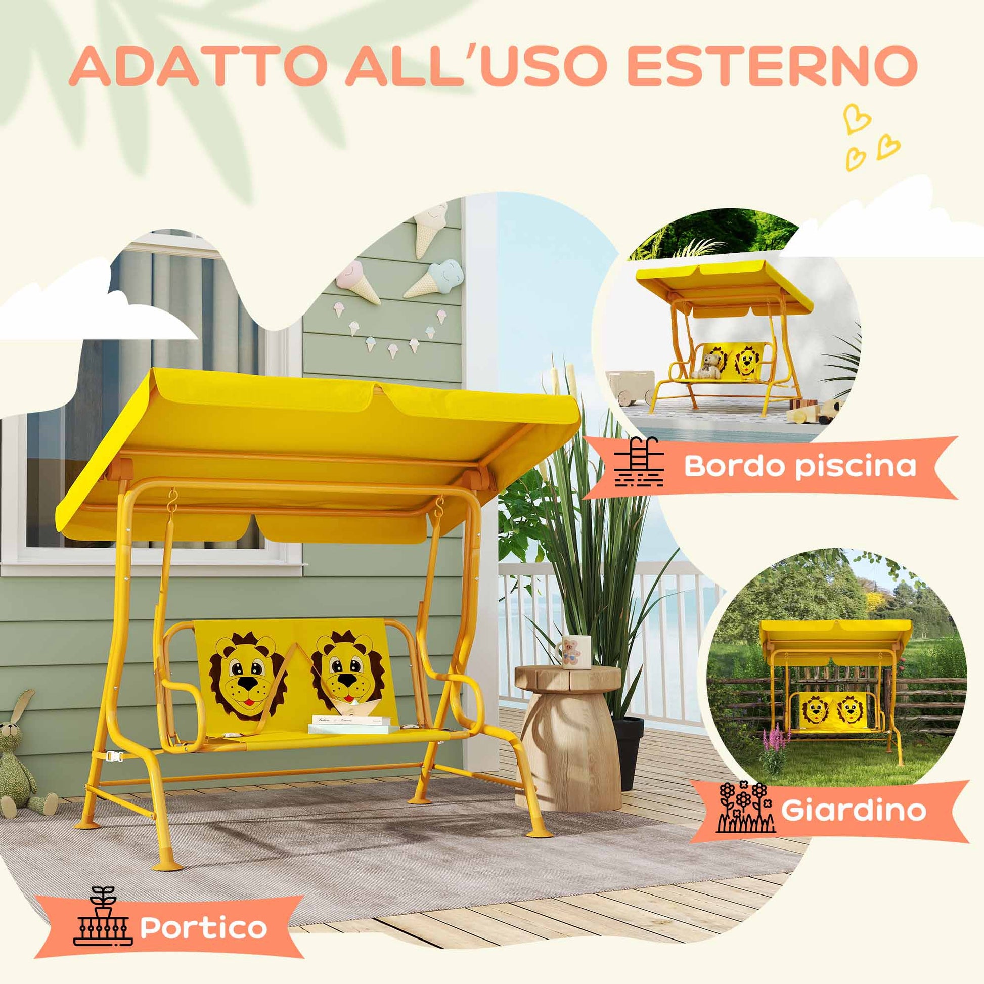 2-Seat Outdoor Children's Swing with Adjustable Sunshade and Safety Belts, Garden and Indoor Swing in Steel and Polyester, Max 60 kg, 112x75x120 cm, Yellow