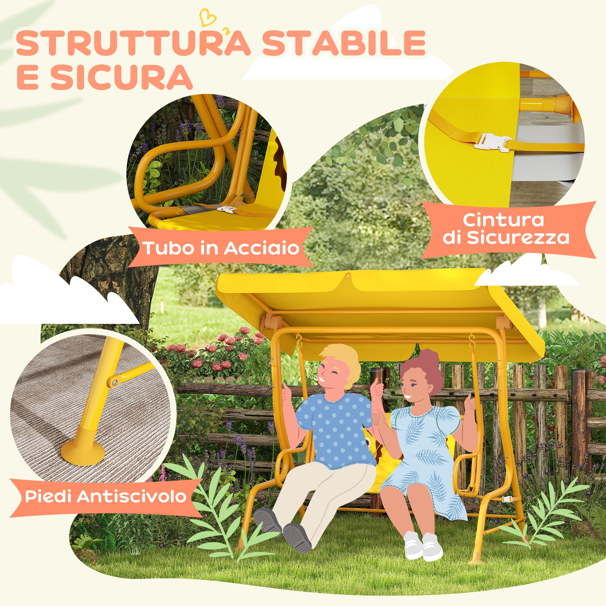 2-Seat Outdoor Children's Swing with Adjustable Sunshade and Safety Belts, Garden and Indoor Swing in Steel and Polyester, Max 60 kg, 112x75x120 cm, Yellow