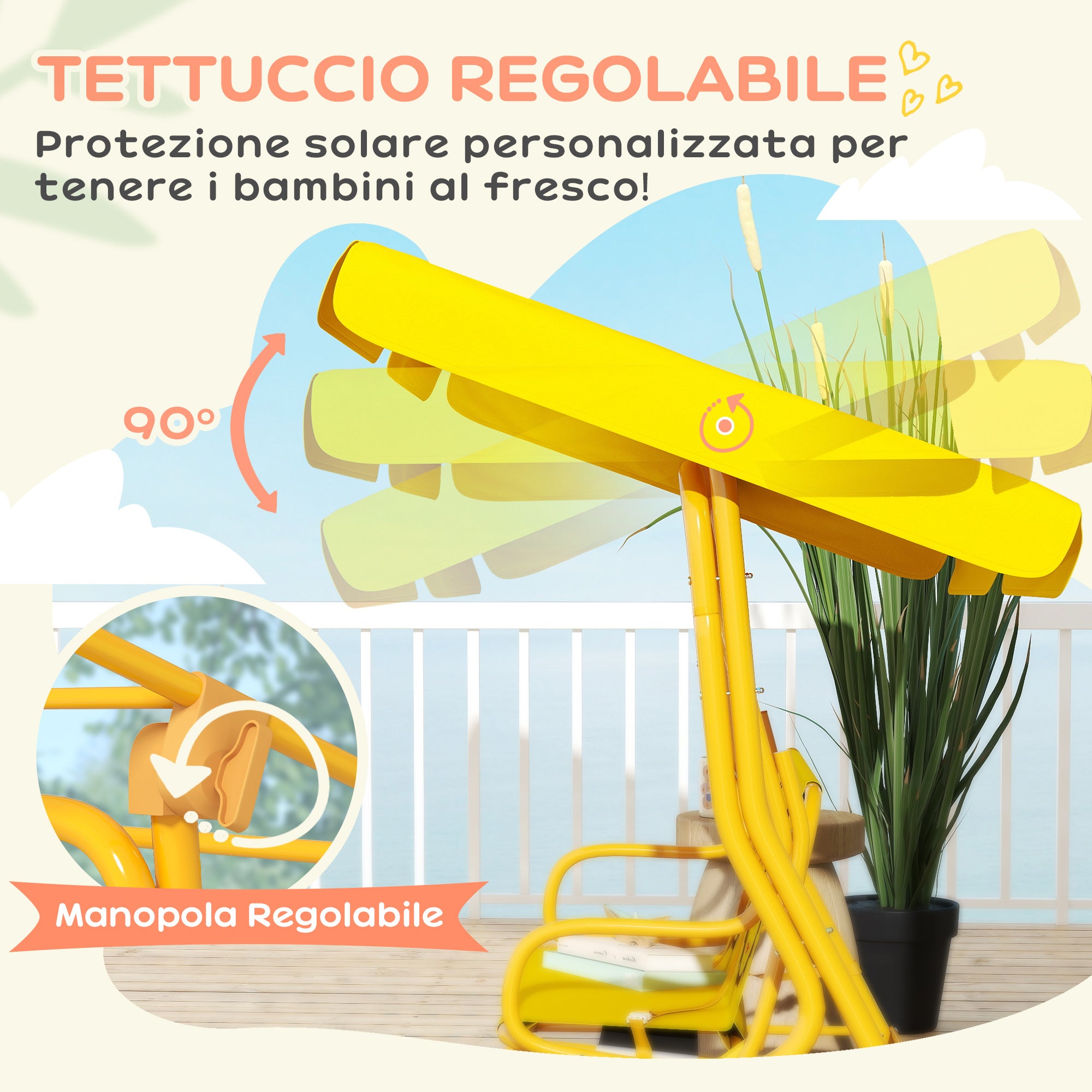 2-Seat Outdoor Children's Swing with Adjustable Sunshade and Safety Belts, Garden and Indoor Swing in Steel and Polyester, Max 60 kg, 112x75x120 cm, Yellow