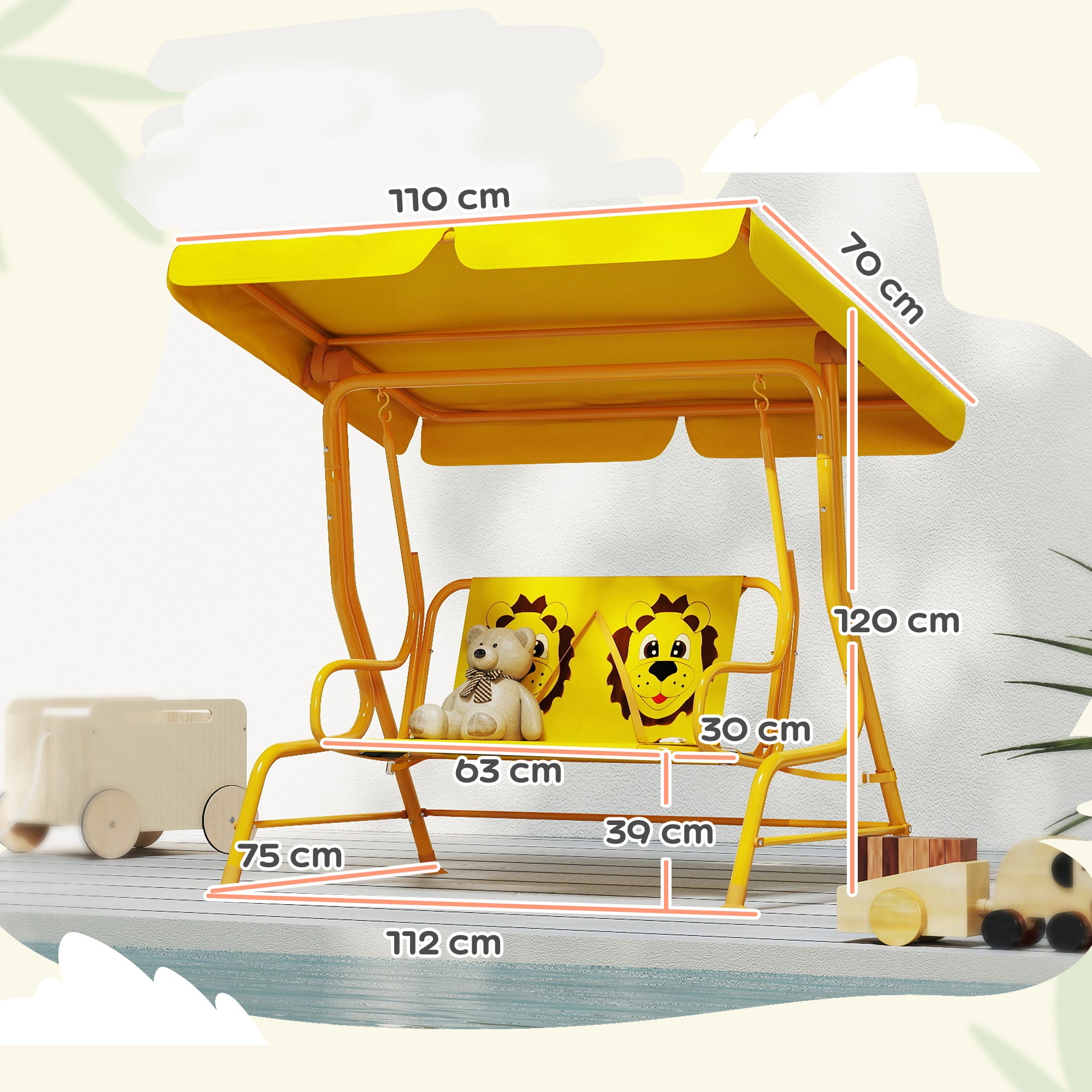 2-Seat Outdoor Children's Swing with Adjustable Sunshade and Safety Belts, Garden and Indoor Swing in Steel and Polyester, Max 60 kg, 112x75x120 cm, Yellow