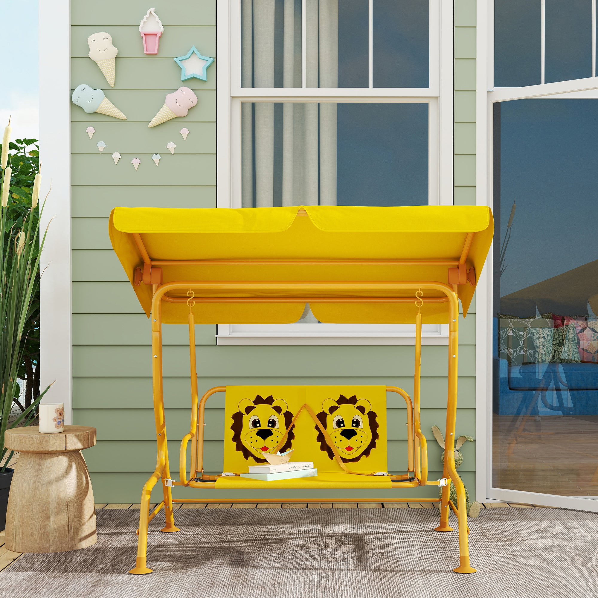 2-Seat Outdoor Children's Swing with Adjustable Sunshade and Safety Belts, Garden and Indoor Swing in Steel and Polyester, Max 60 kg, 112x75x120 cm, Yellow