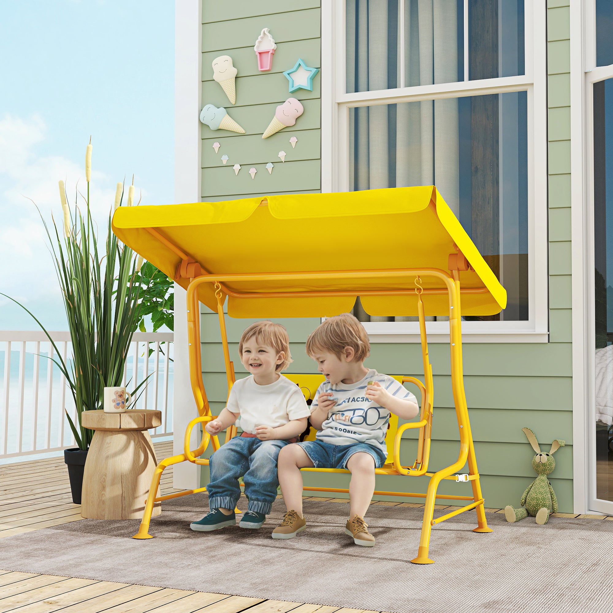 2-Seat Outdoor Children's Swing with Adjustable Sunshade and Safety Belts, Garden and Indoor Swing in Steel and Polyester, Max 60 kg, 112x75x120 cm, Yellow