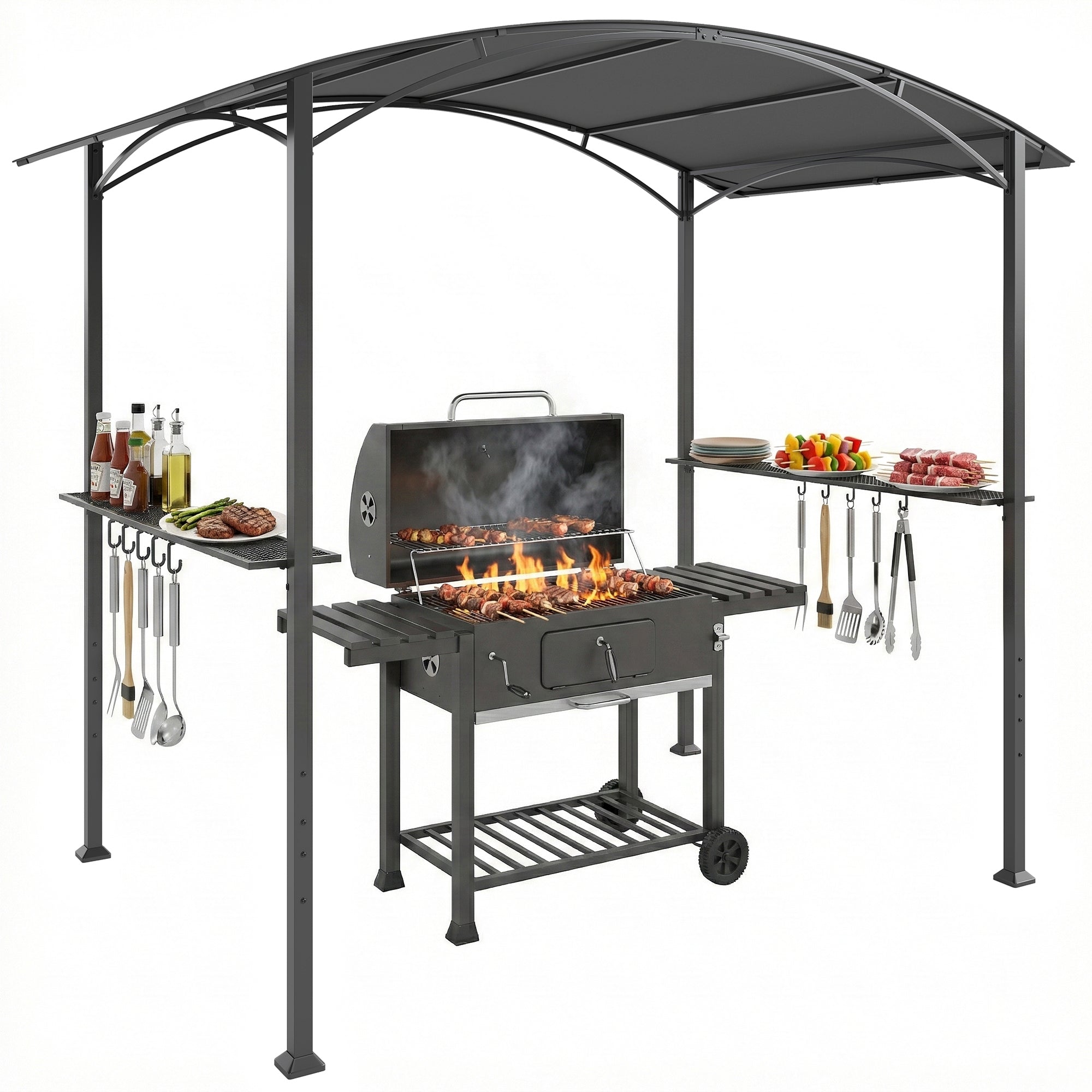 BBQ Shelter Gazebo 245 x 152 x 218 cm Steel with Side Shelves & Hooks — Outdoor Barbecue Canopy for Patio, Garden, Yard, Dark Gray
