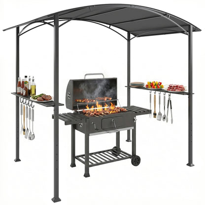 BBQ Shelter Gazebo 245 x 152 x 218 cm Steel with Side Shelves & Hooks — Outdoor Barbecue Canopy for Patio, Garden, Yard, Dark Gray