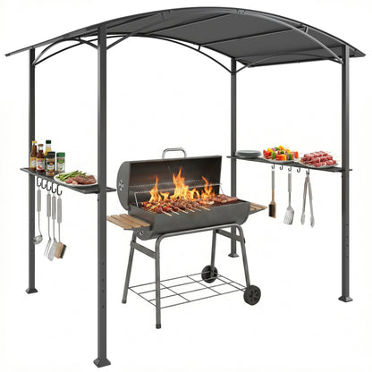 BBQ Shelter Gazebo 245 x 152 x 218 cm Steel with Side Shelves & Hooks — Outdoor Barbecue Canopy for Patio, Garden, Yard, Dark Gray