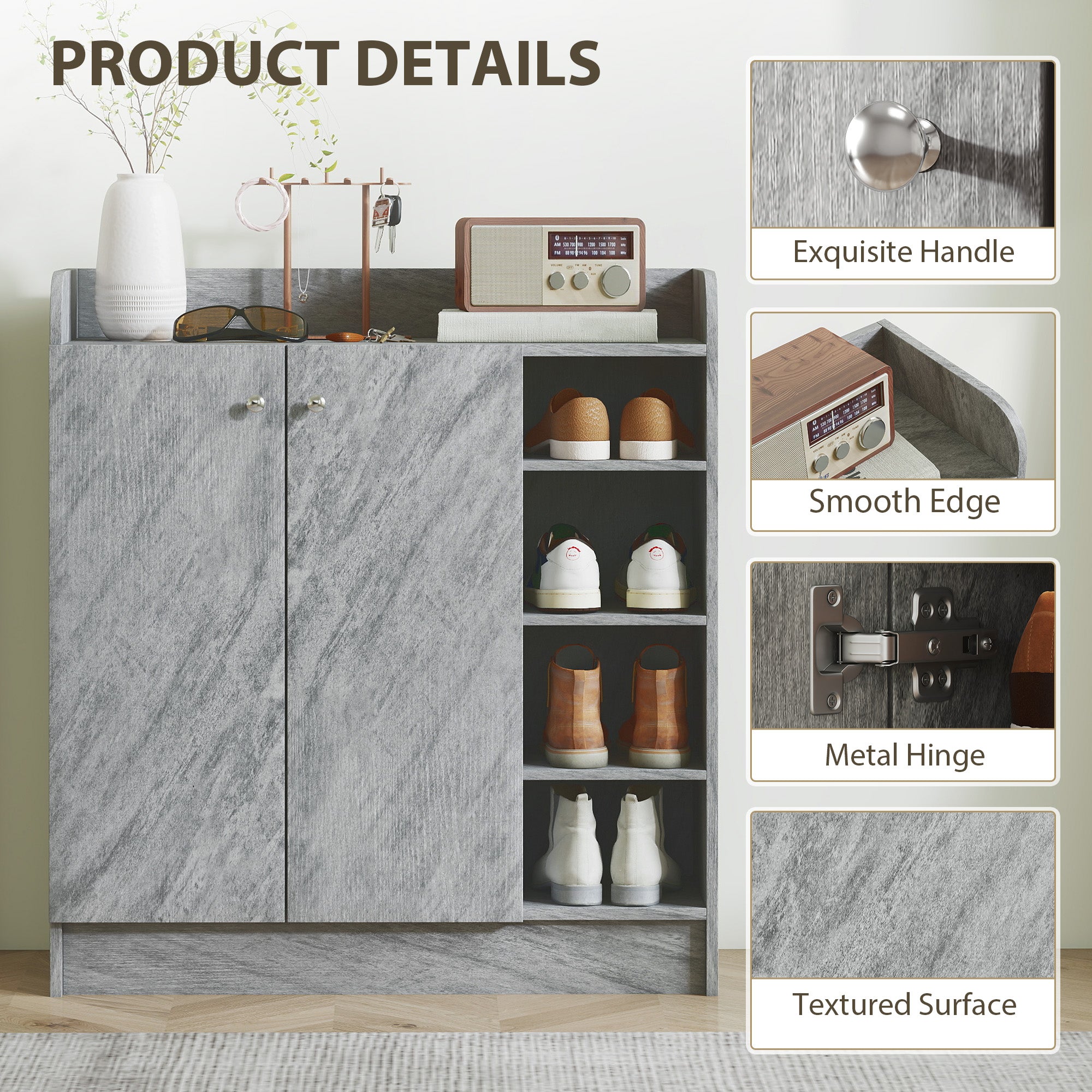 Shoe Cabinet with 4 Compartments – Holds 12 Pairs, 83 x 30 x 90 cm (Gray)