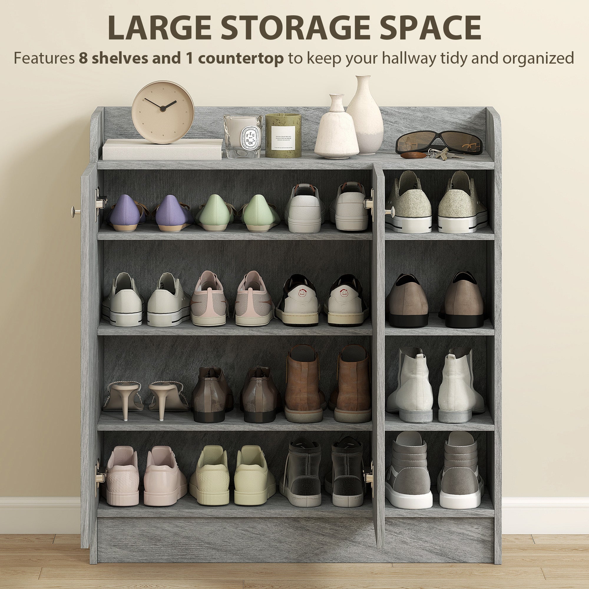 Shoe Cabinet with 4 Compartments – Holds 12 Pairs, 83 x 30 x 90 cm (Gray)