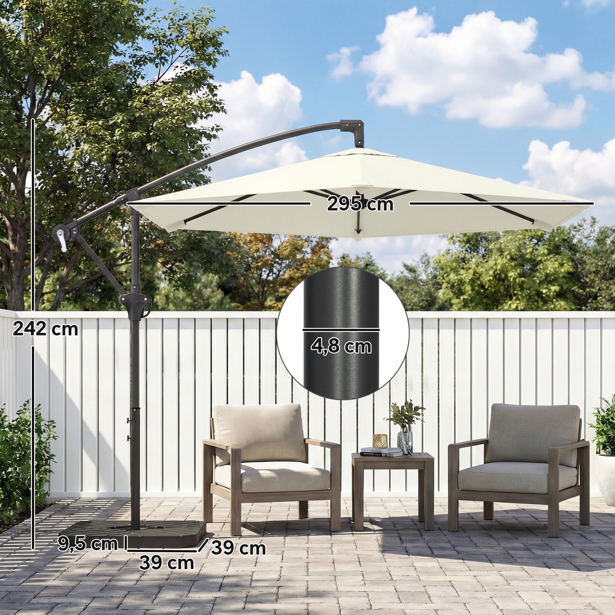 Offset Cantilever Umbrella ~Ø9.7 ft, Crank with Locking Arm, Cross Base & Fillable Weights, UV-Proof Water-Resistant Patio Parasol – Cream White