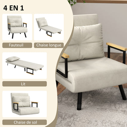 Single-Seater Convertible Armchair 4-in-1 Convertible Sofa Armchair Bed with Adjustable 5-Position Backrest, Cushion Included, 1-Seater Sofa Bed for Guests, Living Room, Load 120 kg Cream