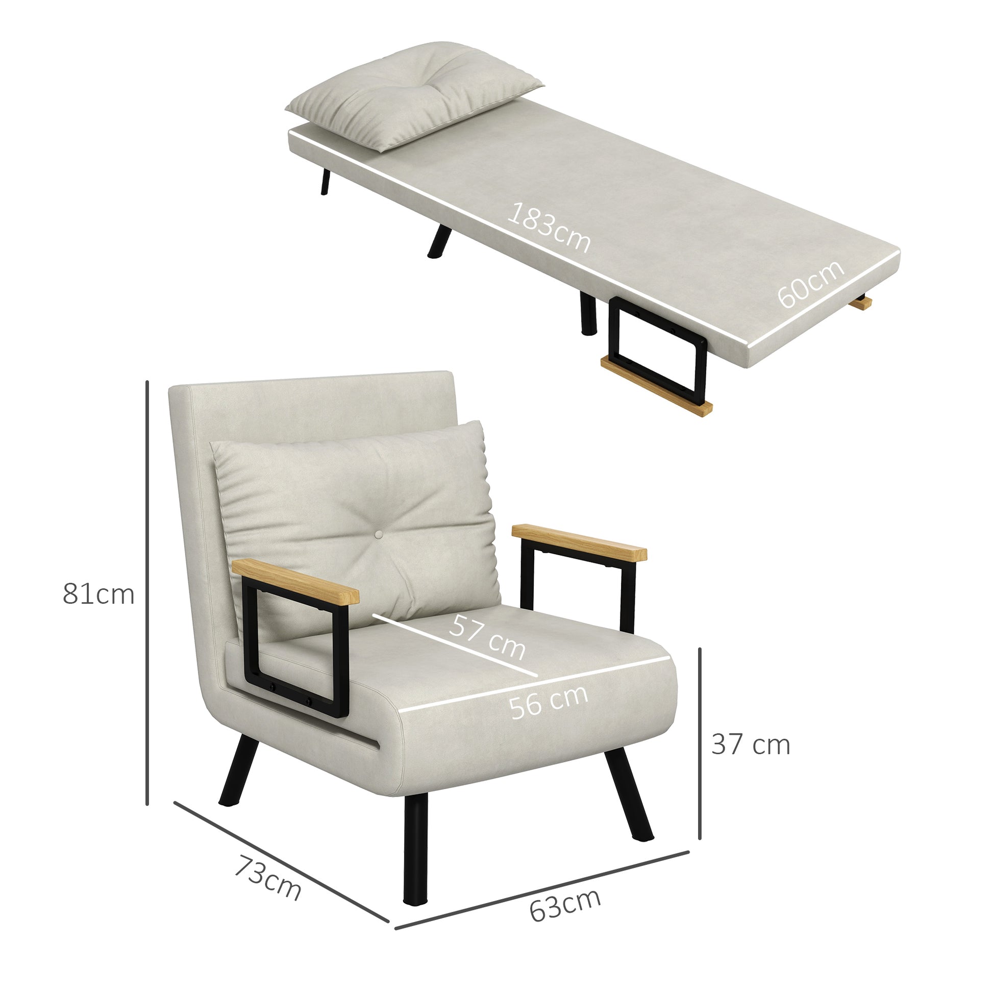 Single-Seater Convertible Armchair 4-in-1 Convertible Sofa Armchair Bed with Adjustable 5-Position Backrest, Cushion Included, 1-Seater Sofa Bed for Guests, Living Room, Load 120 kg Cream
