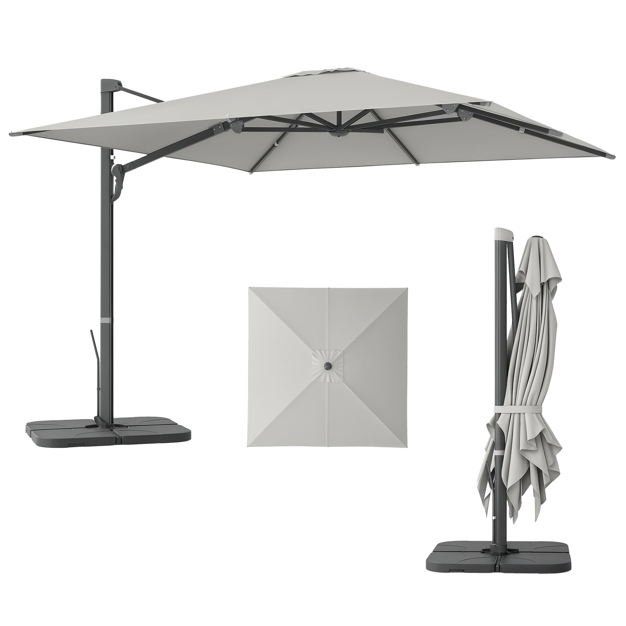 Aluminum Cantilever Umbrella 3 x 3m 360° Rotatable Sunshade with Crank Stand Tiltable Water-Resistant Market Umbrella Height Adjustable Garden Umbrella Crank Umbrella Sun Protection for Garden Balcony Light Gray
