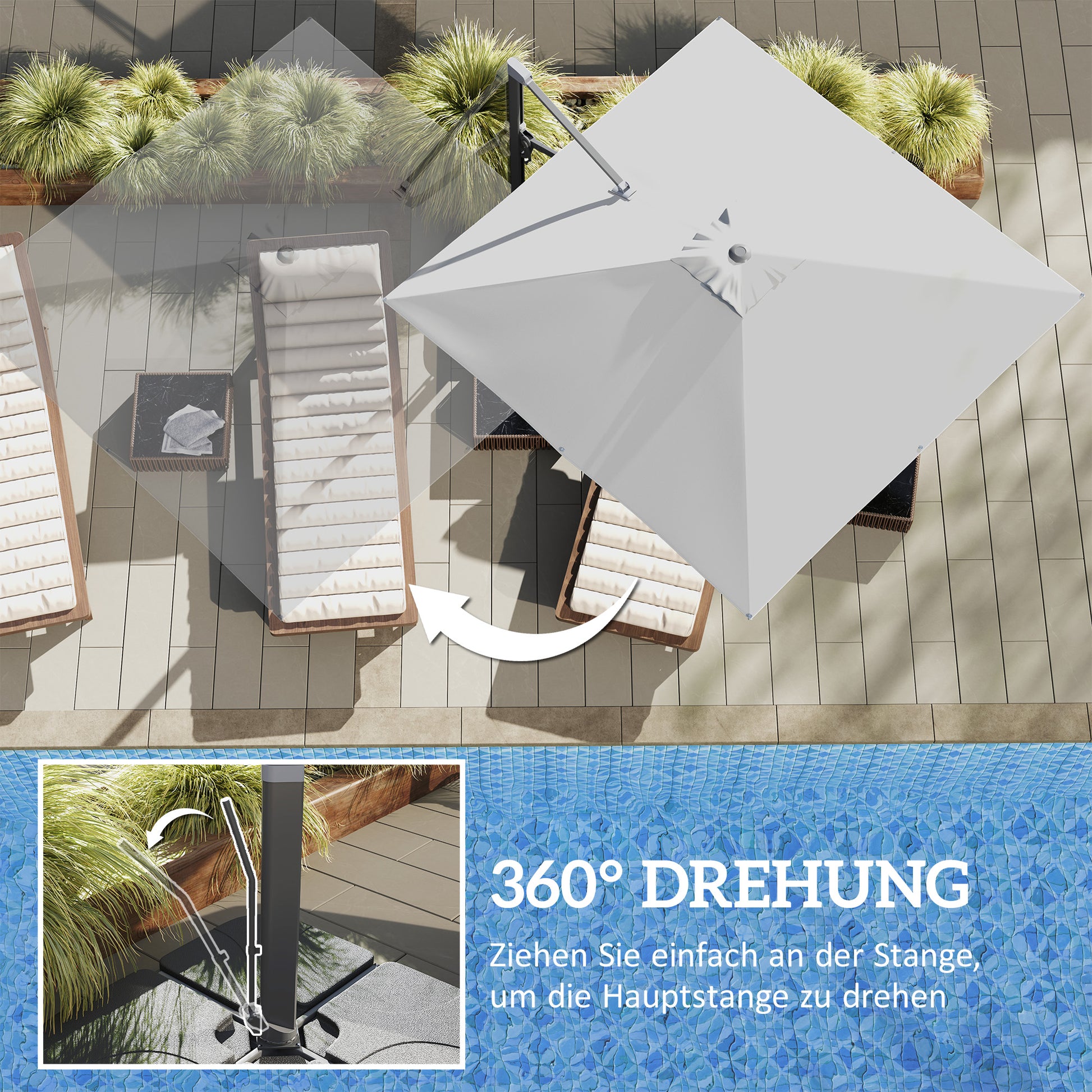 Aluminum Cantilever Umbrella 3 x 3m 360° Rotatable Sunshade with Crank Stand Tiltable Water-Resistant Market Umbrella Height Adjustable Garden Umbrella Crank Umbrella Sun Protection for Garden Balcony Light Gray