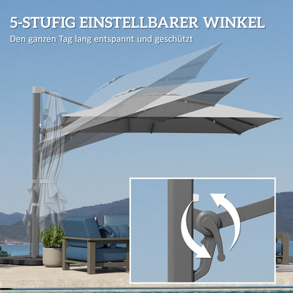 Aluminum Cantilever Umbrella 3 x 3m 360° Rotatable Sunshade with Crank Stand Tiltable Water-Resistant Market Umbrella Height Adjustable Garden Umbrella Crank Umbrella Sun Protection for Garden Balcony Light Gray
