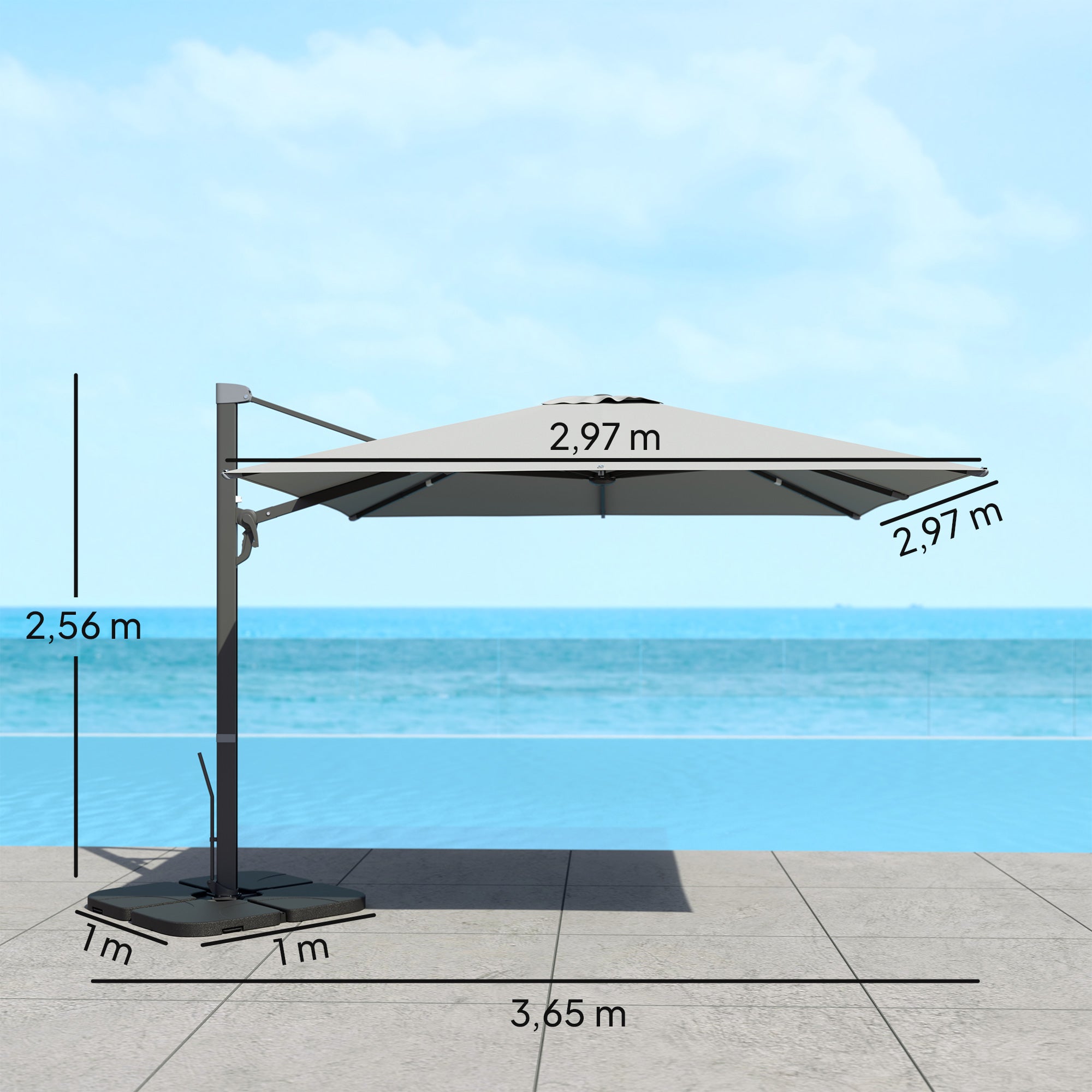 Aluminum Cantilever Umbrella 3 x 3m 360° Rotatable Sunshade with Crank Stand Tiltable Water-Resistant Market Umbrella Height Adjustable Garden Umbrella Crank Umbrella Sun Protection for Garden Balcony Light Gray