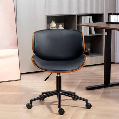 Mid-Century Armless Office Chair — Ergonomic, Height-Adjustable, 360° Swivel, PU, Black & Walnut