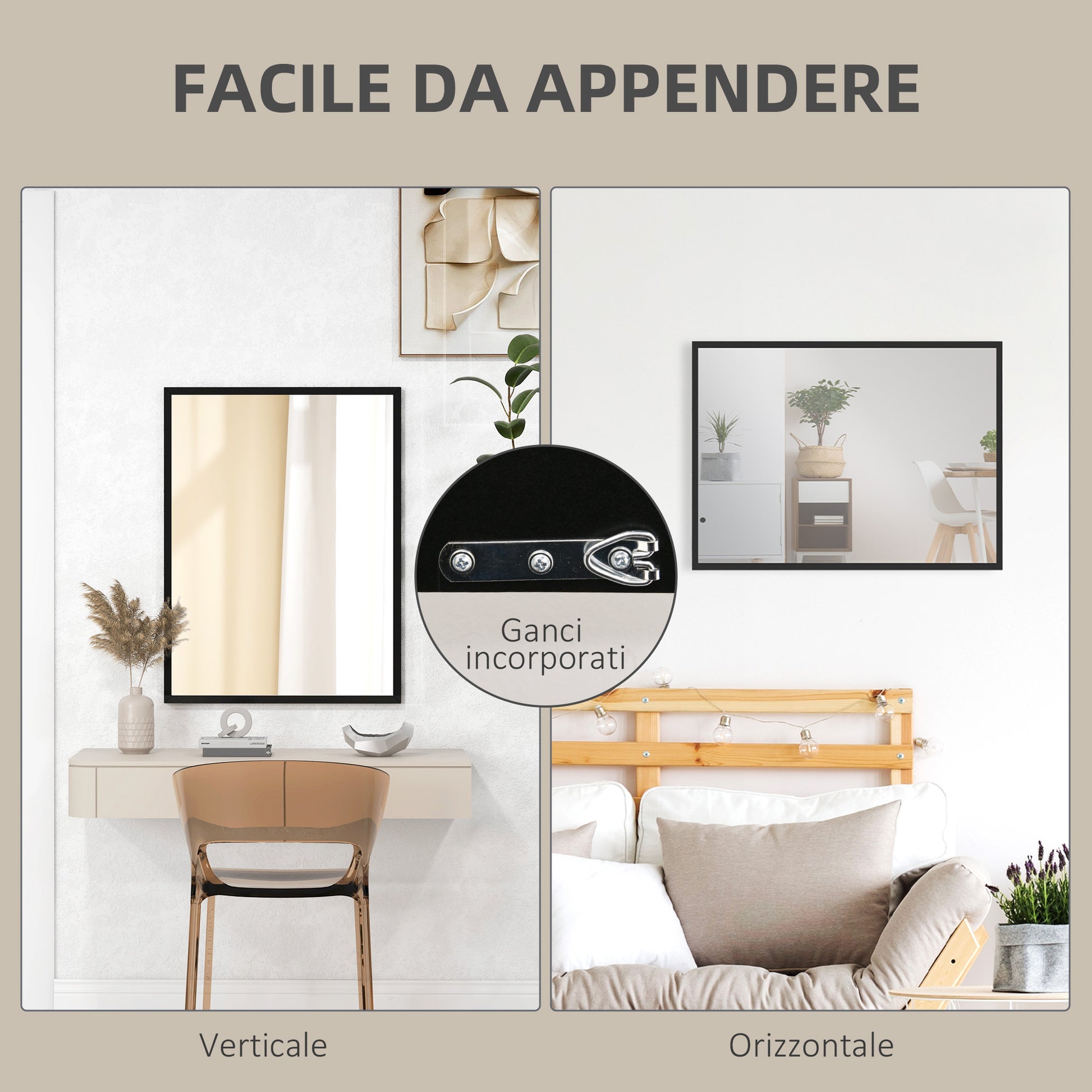 Rectangular Wall Mirror with Hooks, Wall Mirror in Glass and MDF, 60x80 cm, Black