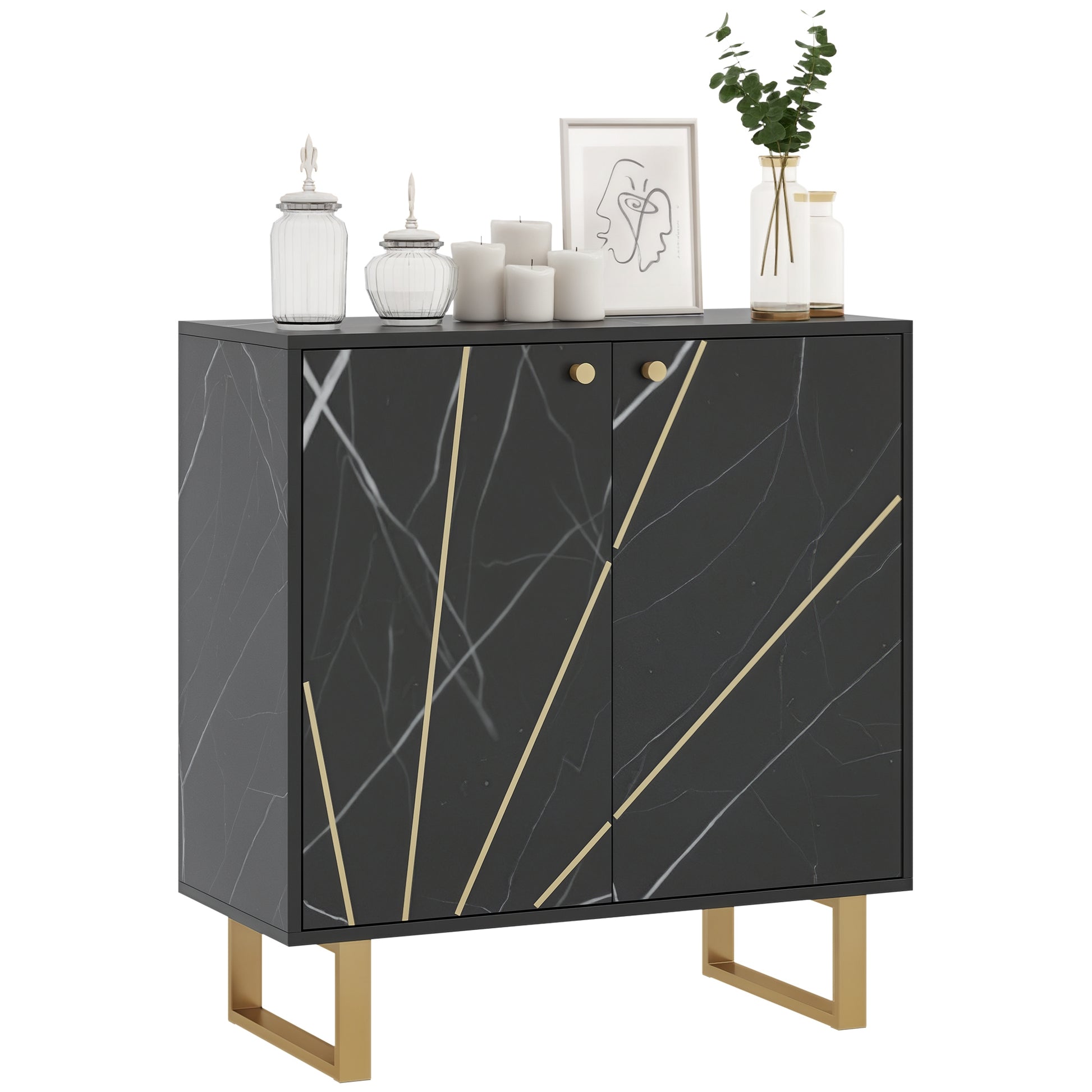 Storage Cabinet Buffet Sideboard with 1 Cupboard 2 Doors and Adjustable Shelf, Metal Legs - 76W x 35D x 77H cm, Black Marble Look