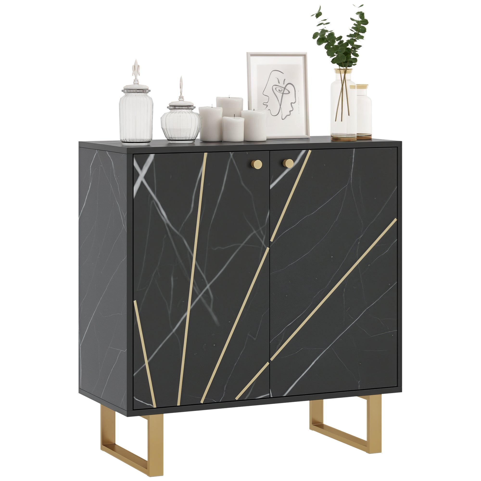 Storage Cabinet Buffet Sideboard with 1 Cupboard 2 Doors and Adjustable Shelf, Metal Legs - 76W x 35D x 77H cm, Black Marble Look