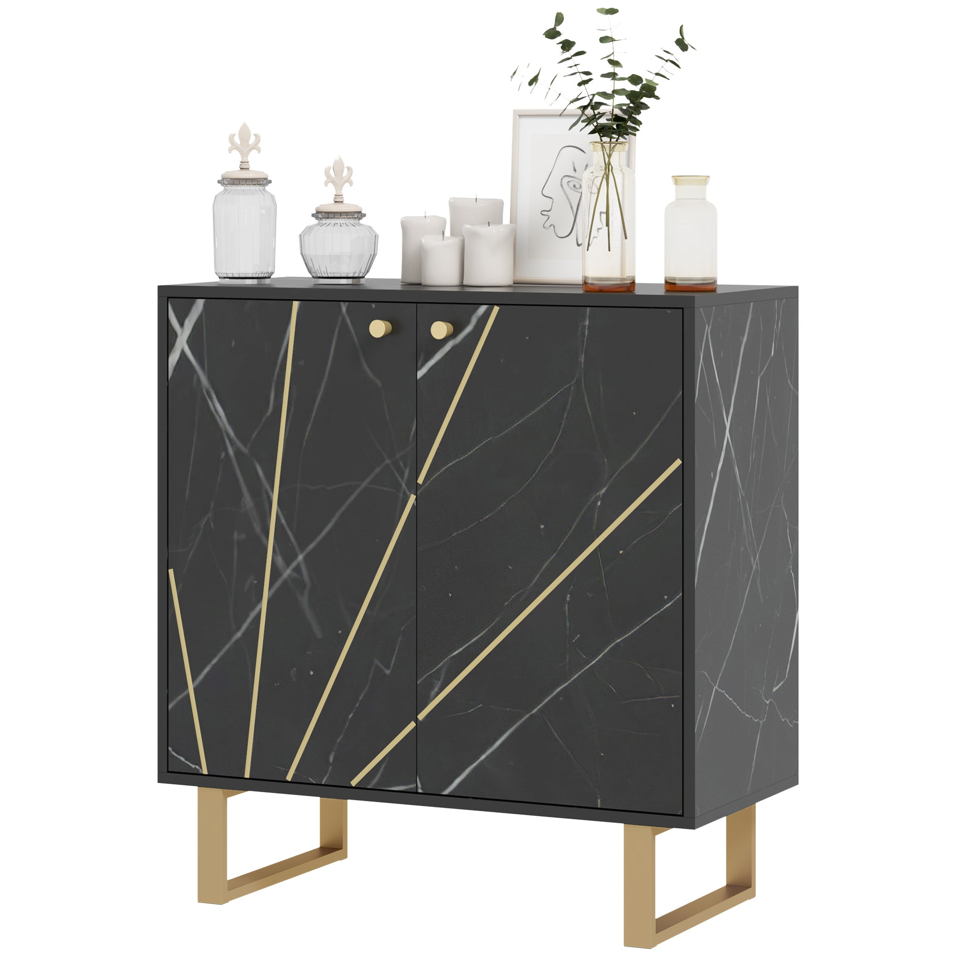 Storage Cabinet Buffet Sideboard with 1 Cupboard 2 Doors and Adjustable Shelf, Metal Legs - 76W x 35D x 77H cm, Black Marble Look