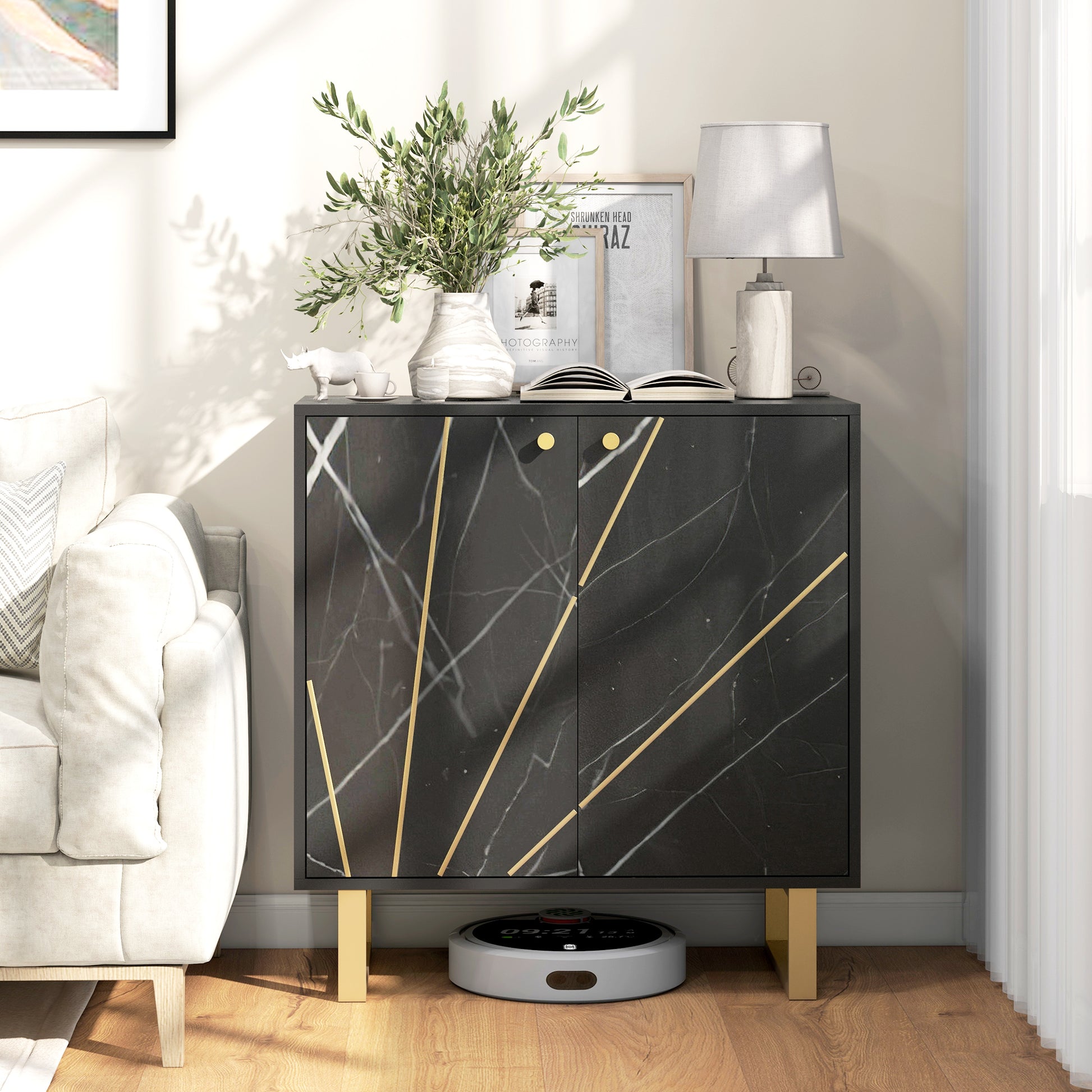 Storage Cabinet Buffet Sideboard with 1 Cupboard 2 Doors and Adjustable Shelf, Metal Legs - 76W x 35D x 77H cm, Black Marble Look