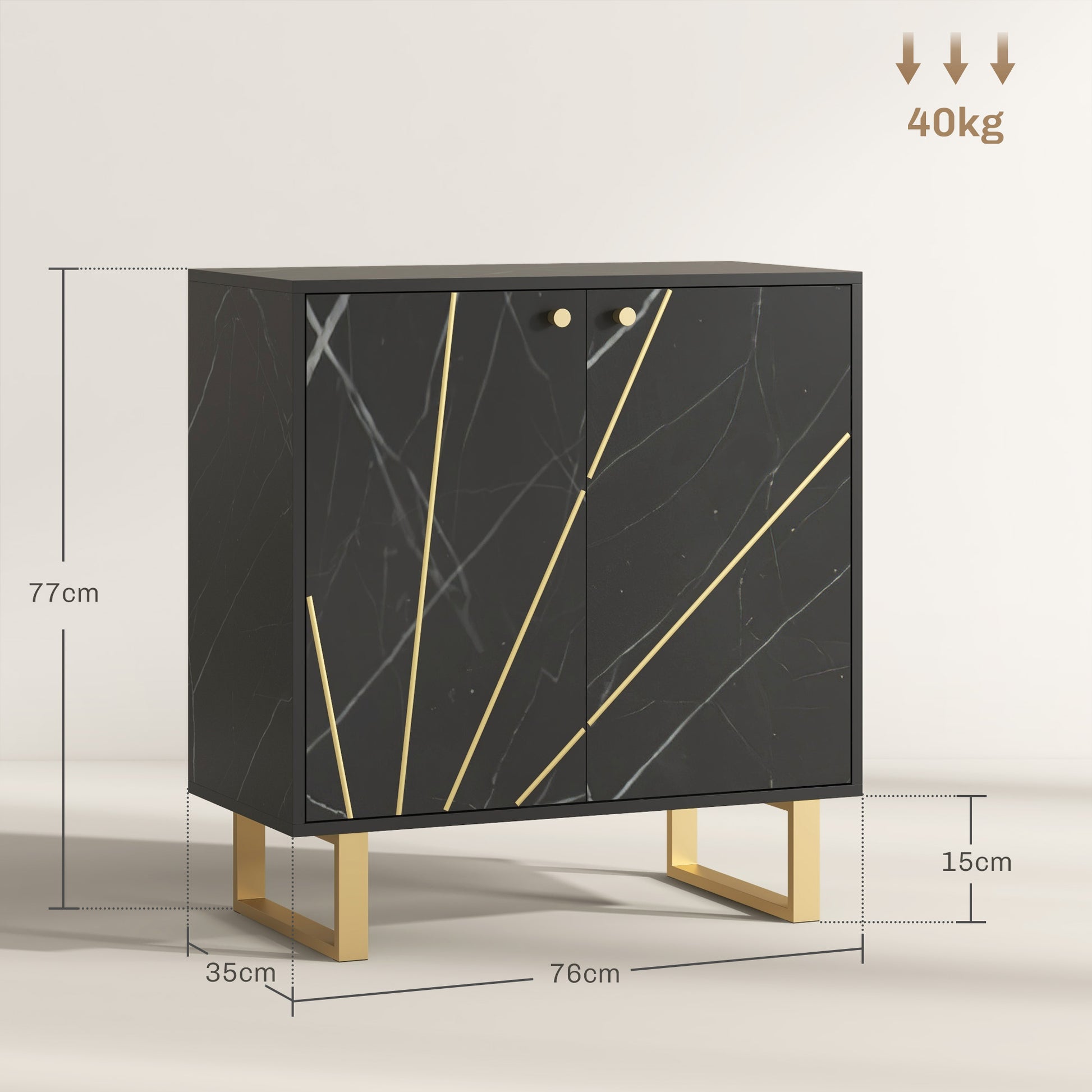 Storage Cabinet Buffet Sideboard with 1 Cupboard 2 Doors and Adjustable Shelf, Metal Legs - 76W x 35D x 77H cm, Black Marble Look