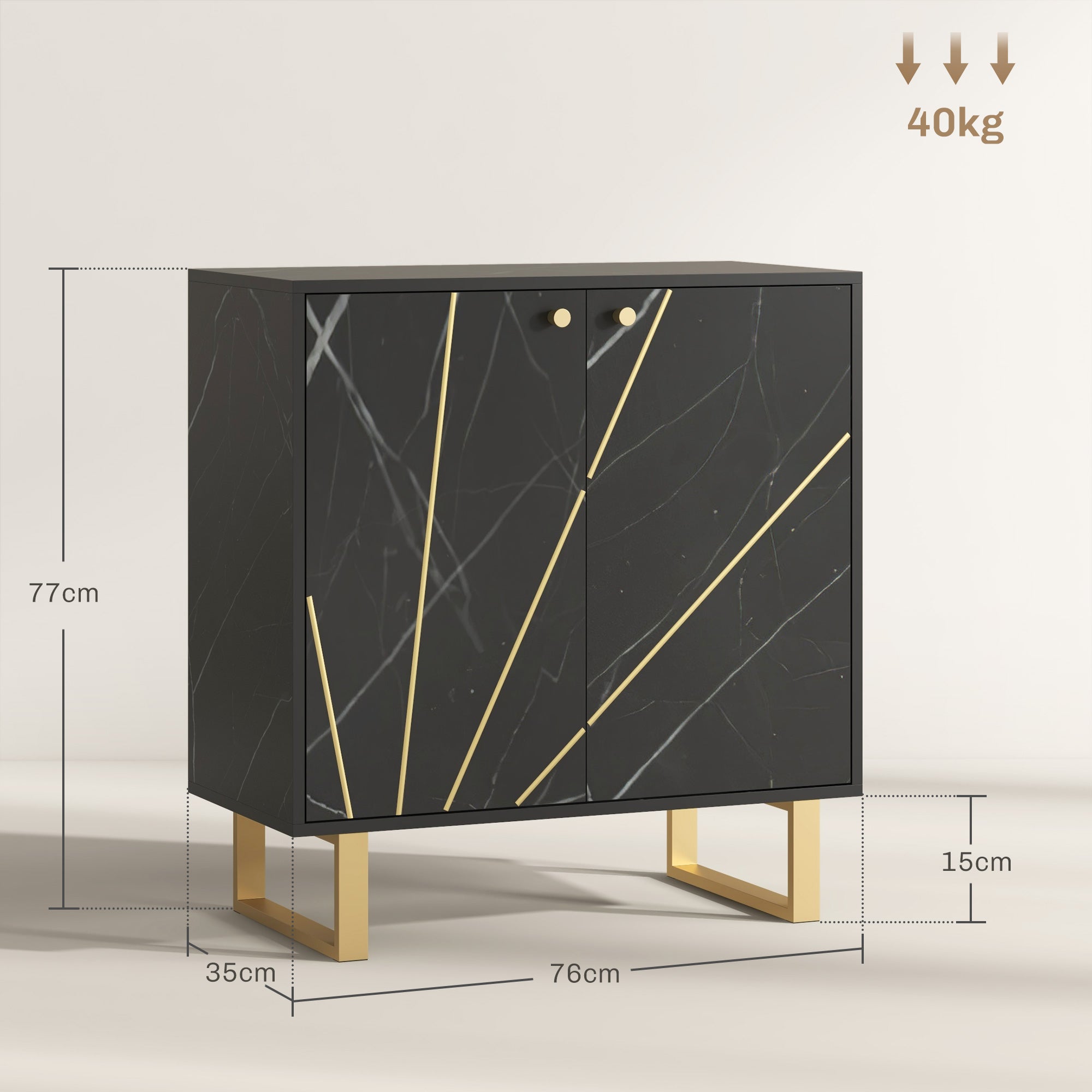 Storage Cabinet Buffet Sideboard with 1 Cupboard 2 Doors and Adjustable Shelf, Metal Legs - 76W x 35D x 77H cm, Black Marble Look