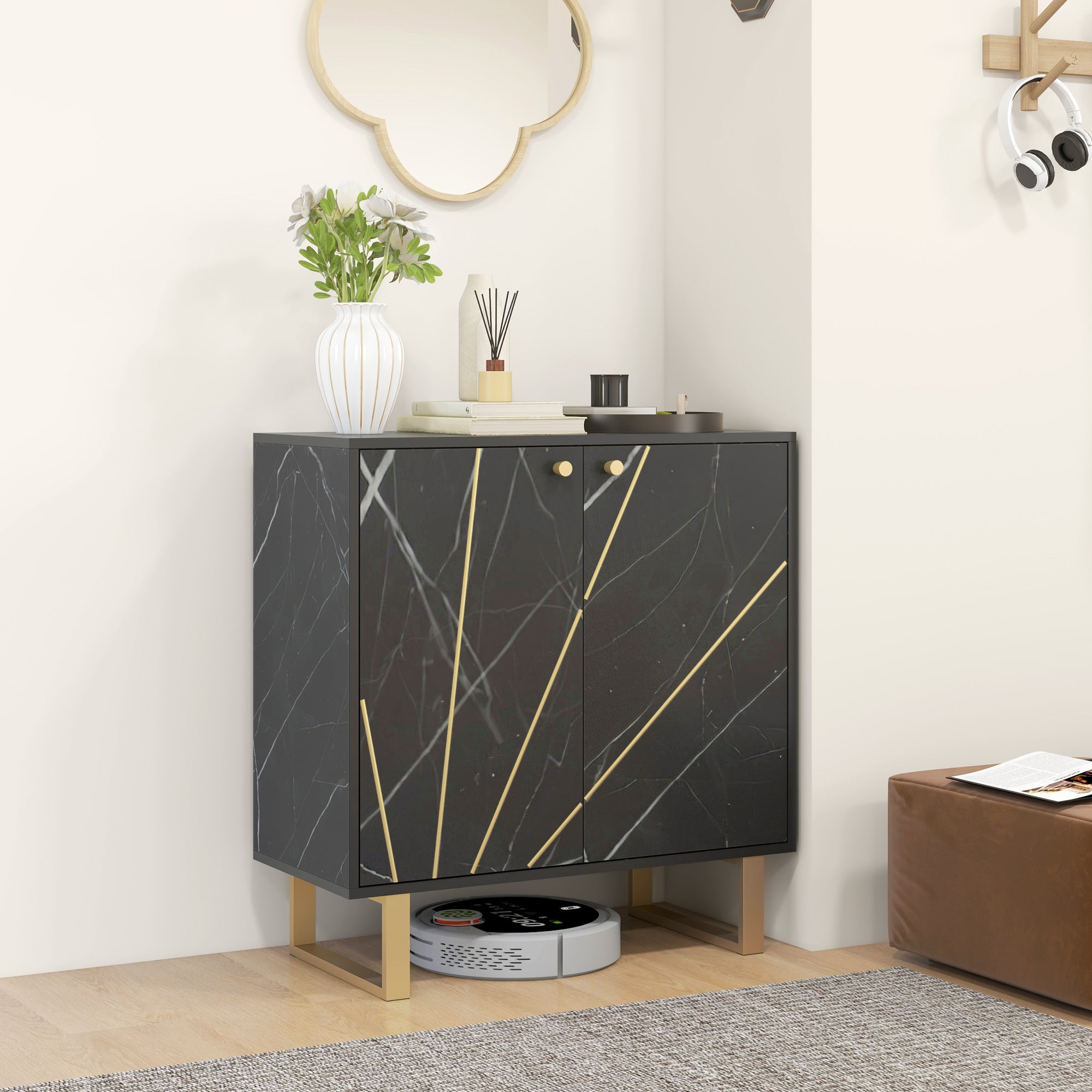 Storage Cabinet Buffet Sideboard with 1 Cupboard 2 Doors and Adjustable Shelf, Metal Legs - 76W x 35D x 77H cm, Black Marble Look