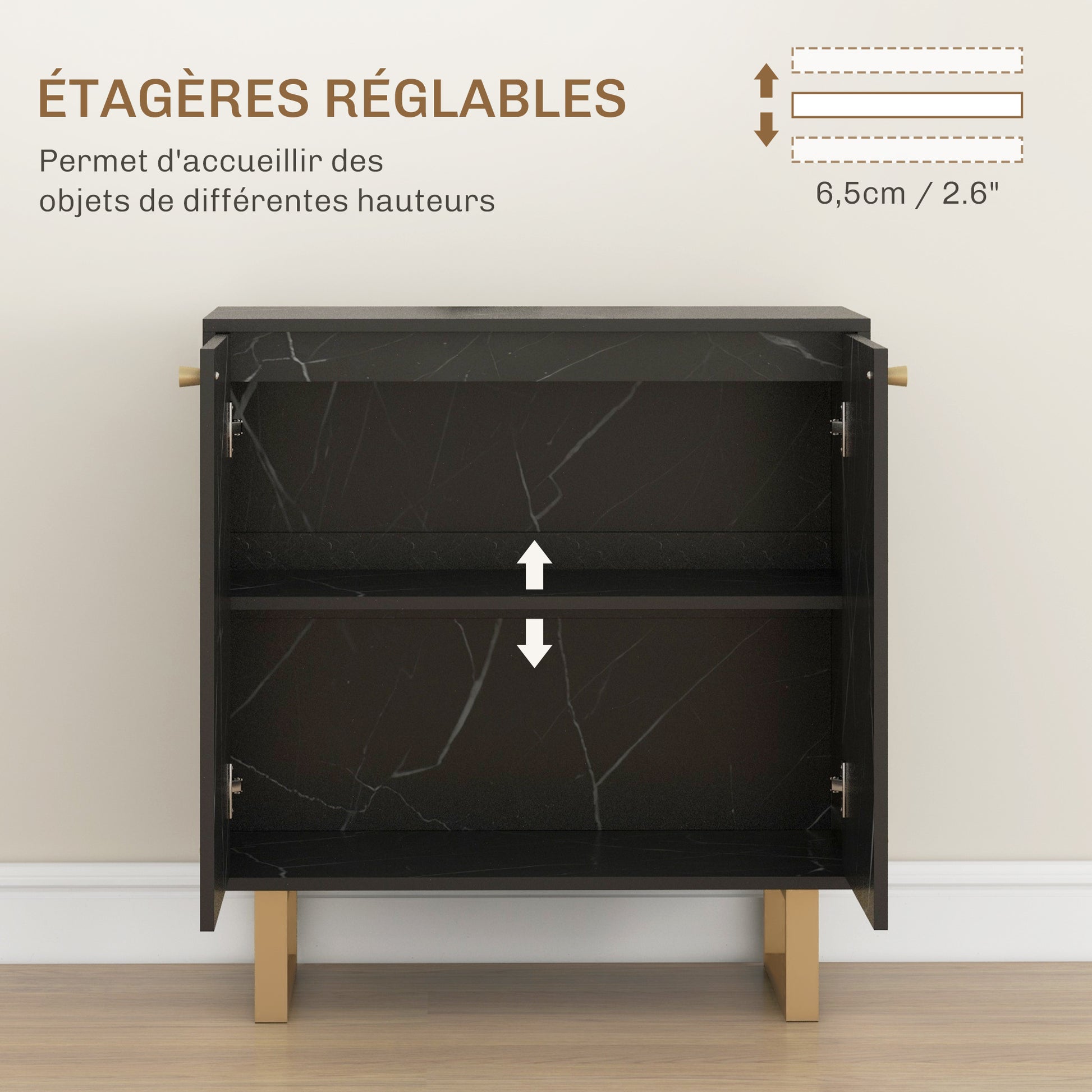 Storage Cabinet Buffet Sideboard with 1 Cupboard 2 Doors and Adjustable Shelf, Metal Legs - 76W x 35D x 77H cm, Black Marble Look