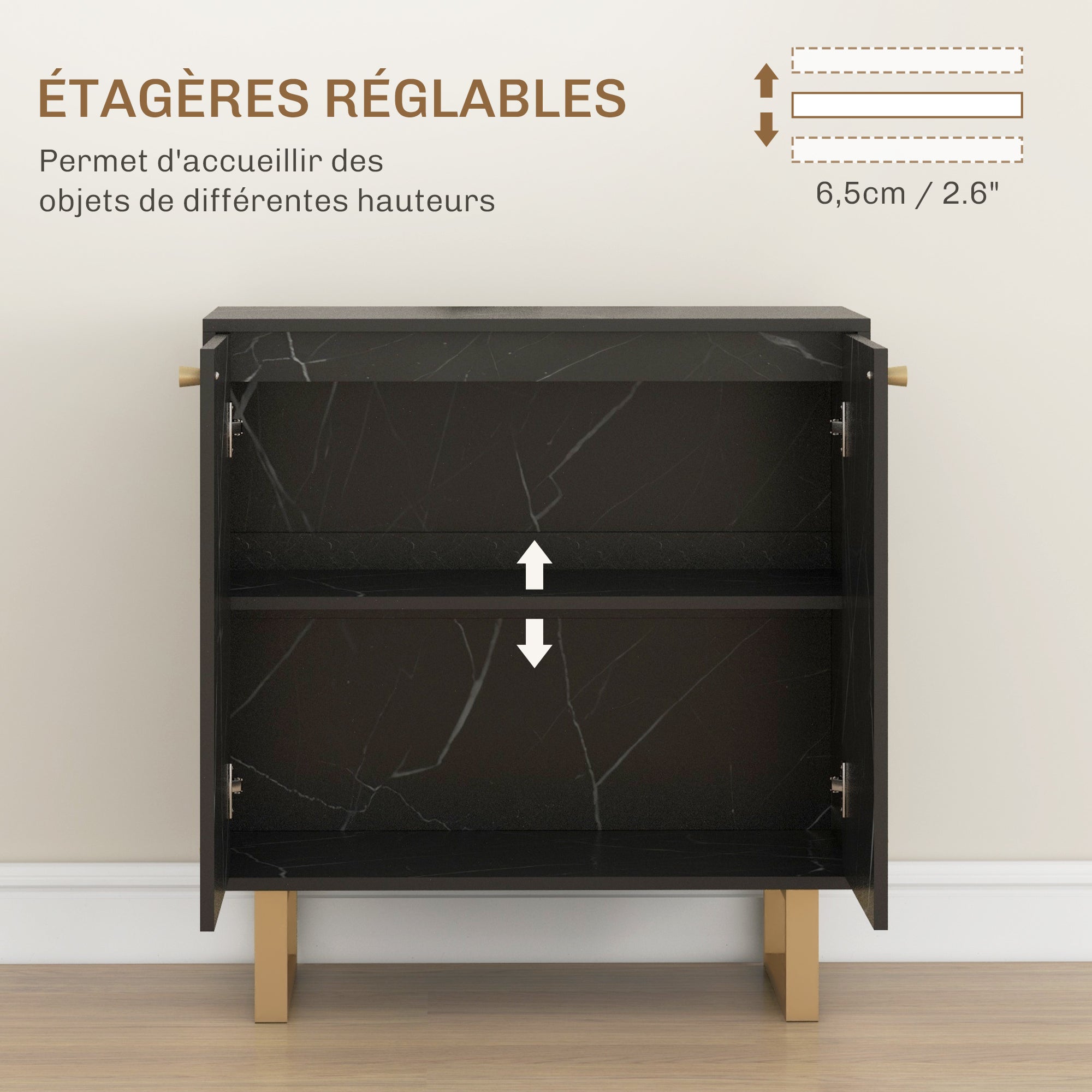 Storage Cabinet Buffet Sideboard with 1 Cupboard 2 Doors and Adjustable Shelf, Metal Legs - 76W x 35D x 77H cm, Black Marble Look