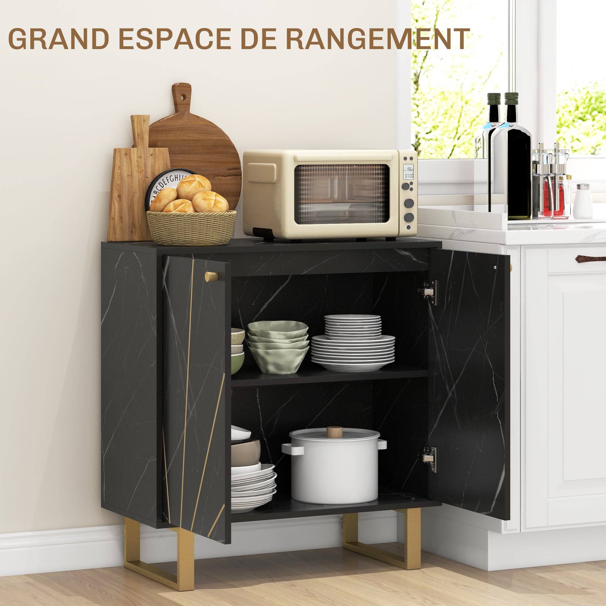 Storage Cabinet Buffet Sideboard with 1 Cupboard 2 Doors and Adjustable Shelf, Metal Legs - 76W x 35D x 77H cm, Black Marble Look