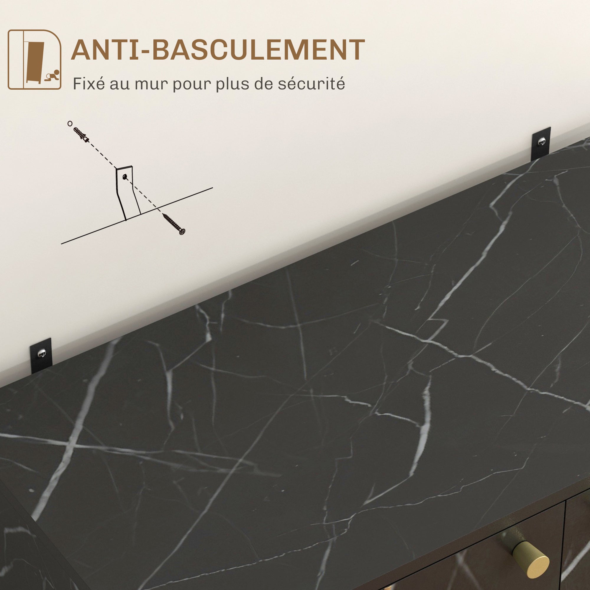 Storage Cabinet Buffet Sideboard with 1 Cupboard 2 Doors and Adjustable Shelf, Metal Legs - 76W x 35D x 77H cm, Black Marble Look