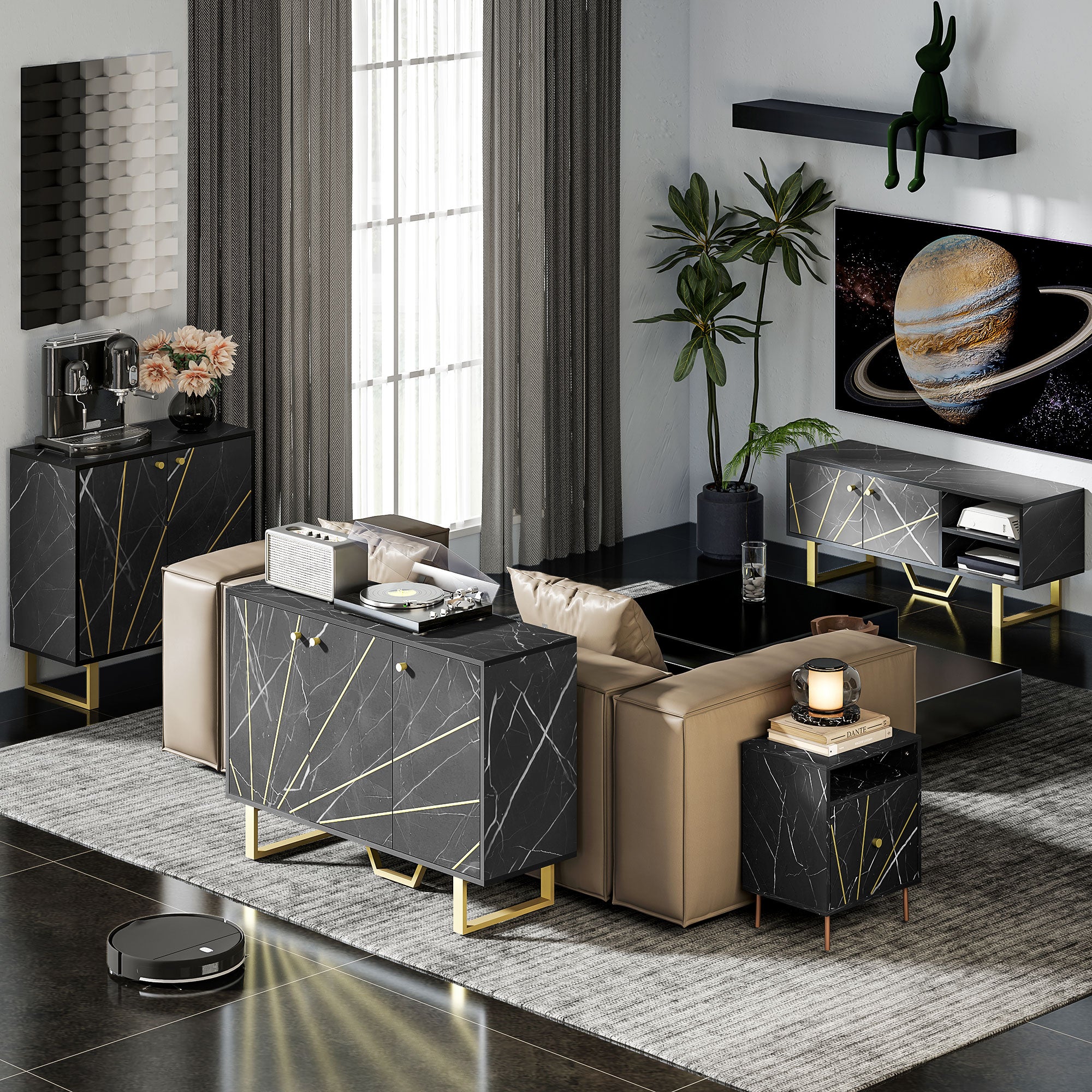 Storage Cabinet Buffet Sideboard with 1 Cupboard 2 Doors and Adjustable Shelf, Metal Legs - 76W x 35D x 77H cm, Black Marble Look