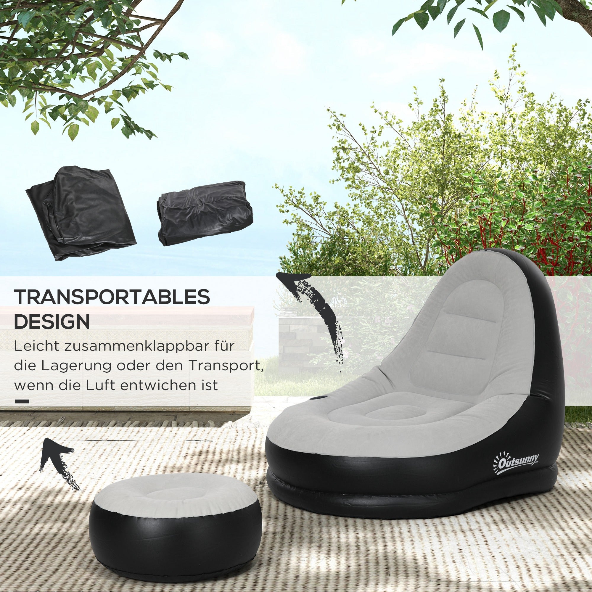 Inflatable Sofa, Inflatable Chair with Footstool Air Lounger with Cup Holder, for Camping, Home, Light Gray, 125 x 100 x 87 cm