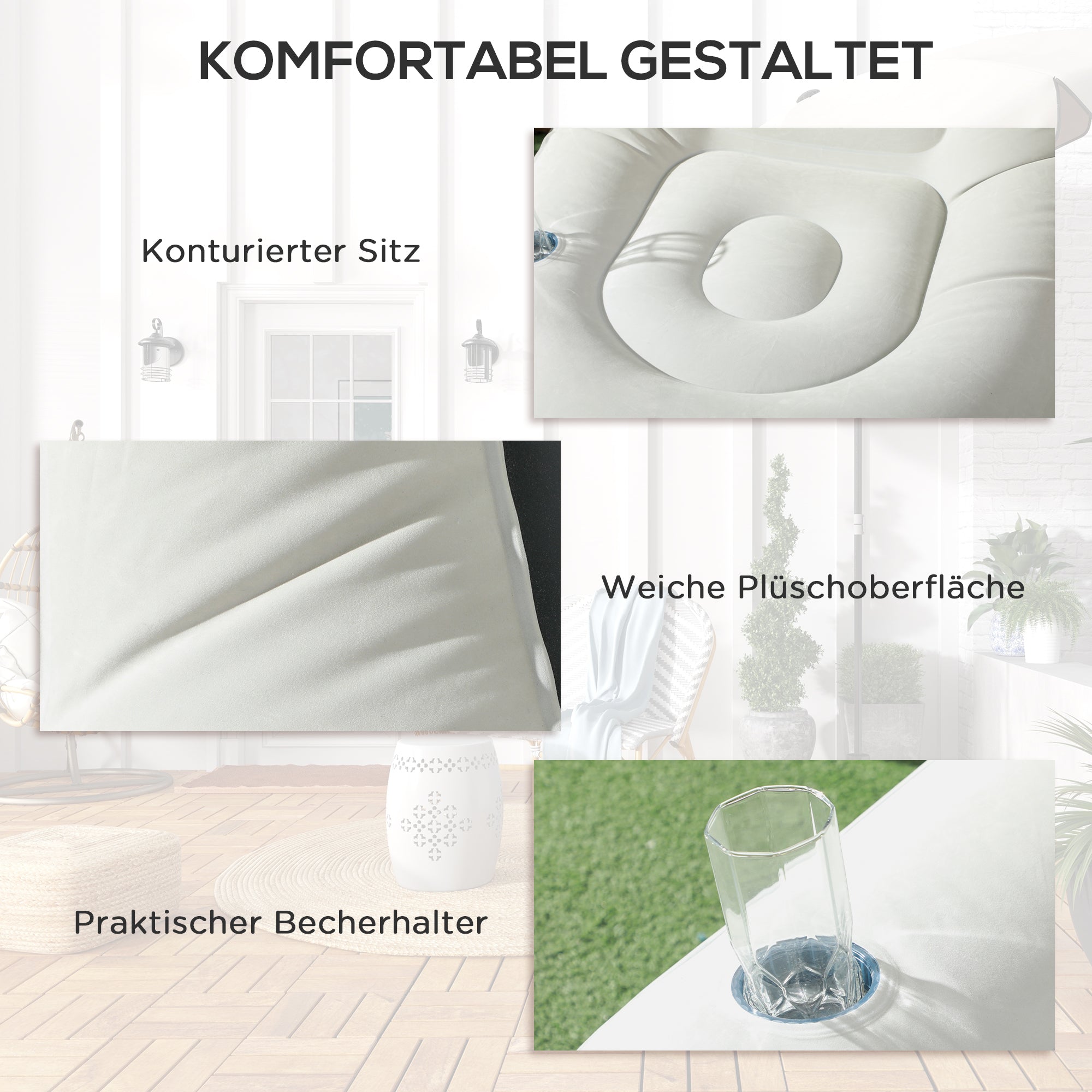 Inflatable Sofa, Inflatable Chair with Footstool Air Lounger with Cup Holder, for Camping, Home, Light Gray, 125 x 100 x 87 cm