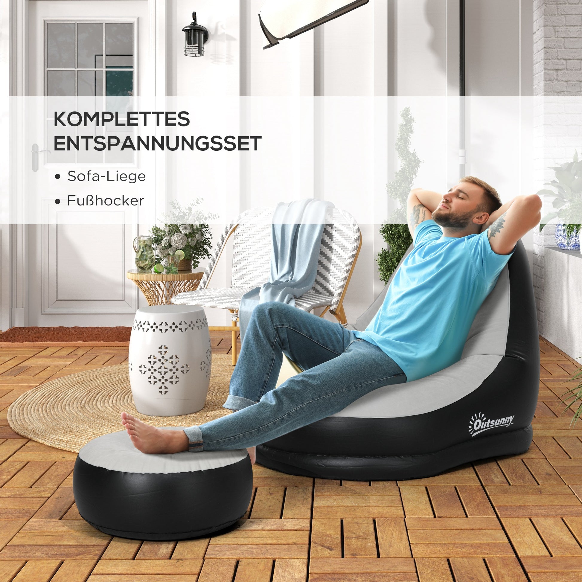 Inflatable Sofa, Inflatable Chair with Footstool Air Lounger with Cup Holder, for Camping, Home, Light Gray, 125 x 100 x 87 cm