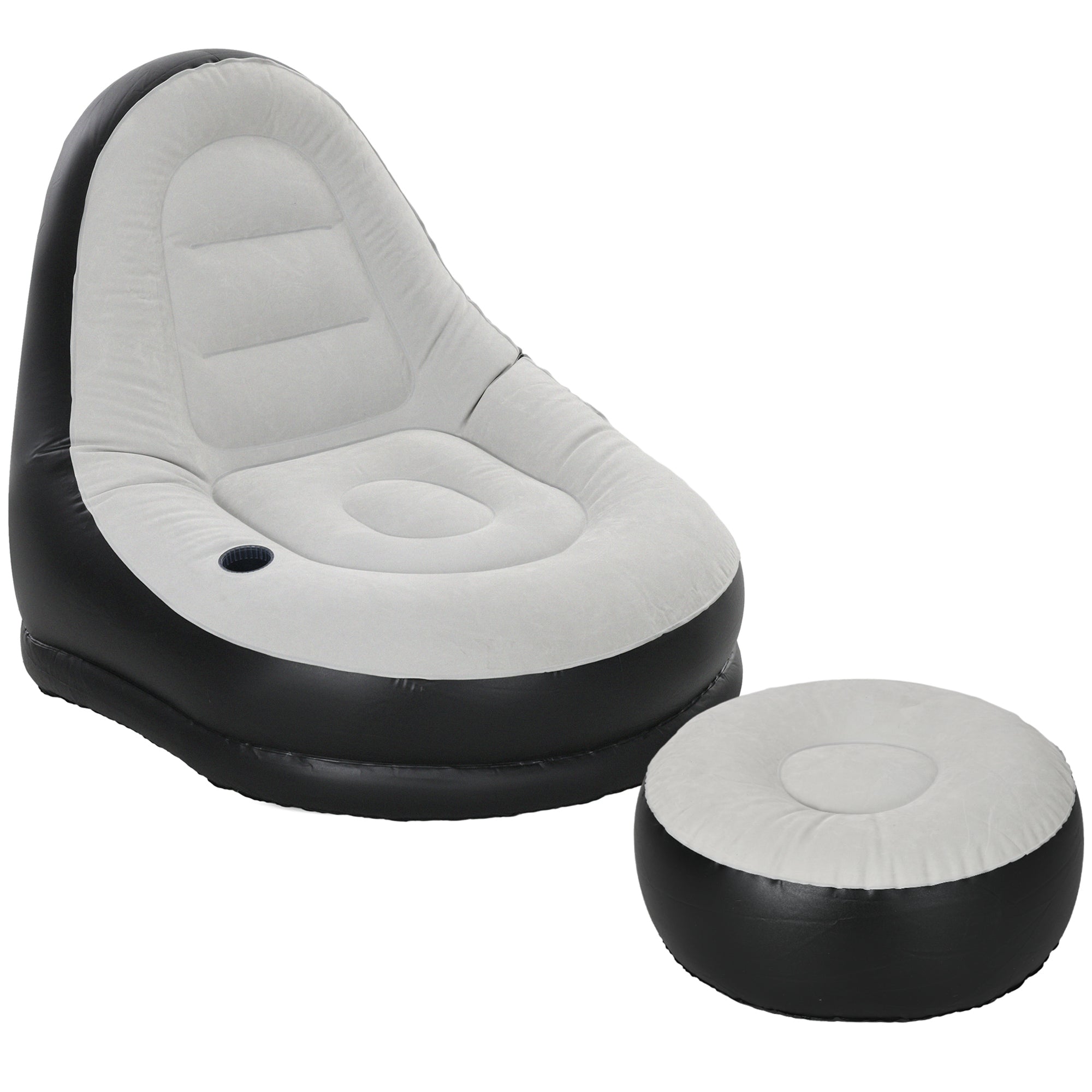 Inflatable Sofa, Inflatable Chair with Footstool Air Lounger with Cup Holder, for Camping, Home, Light Gray, 125 x 100 x 87 cm