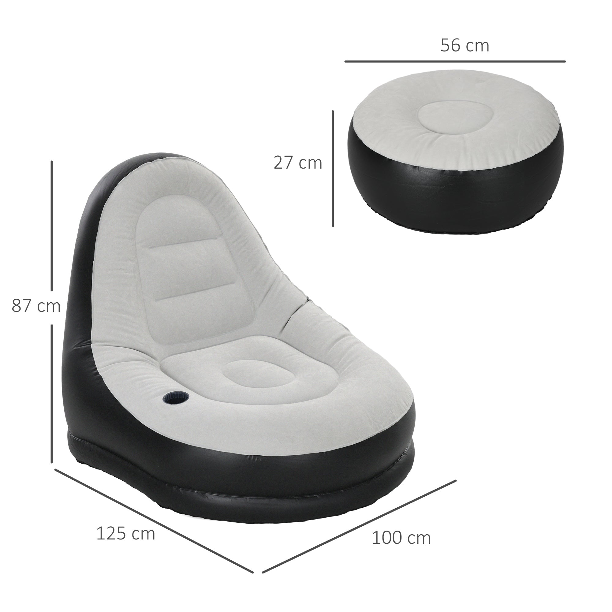Inflatable Sofa, Inflatable Chair with Footstool Air Lounger with Cup Holder, for Camping, Home, Light Gray, 125 x 100 x 87 cm