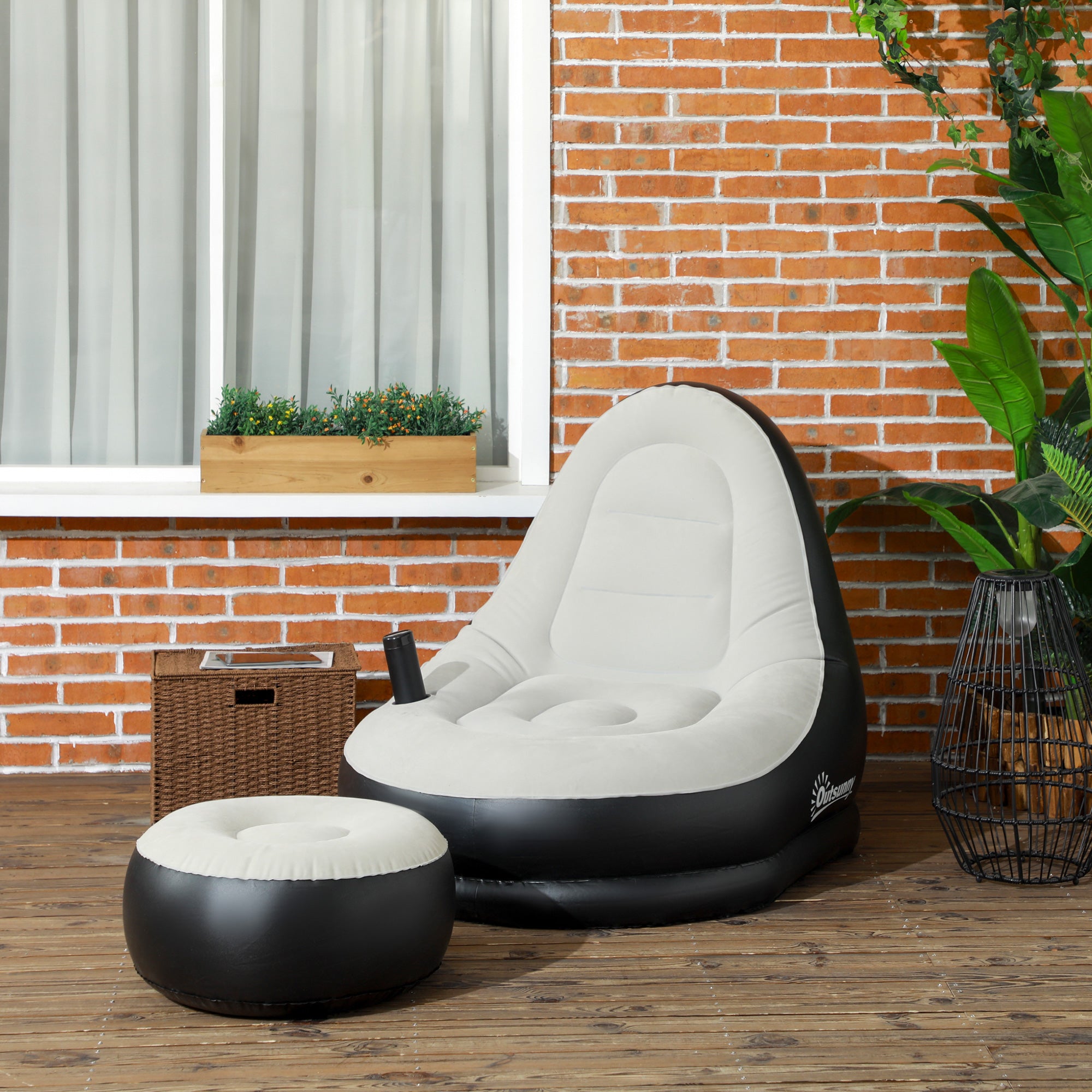 Inflatable Sofa, Inflatable Chair with Footstool Air Lounger with Cup Holder, for Camping, Home, Light Gray, 125 x 100 x 87 cm