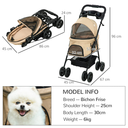 Pet Stroller Dog Buggy with Folding Function for Small Dogs and Cats Pet Cart Cat Buggy Oxford Khaki 67 x 45 x 96 cm