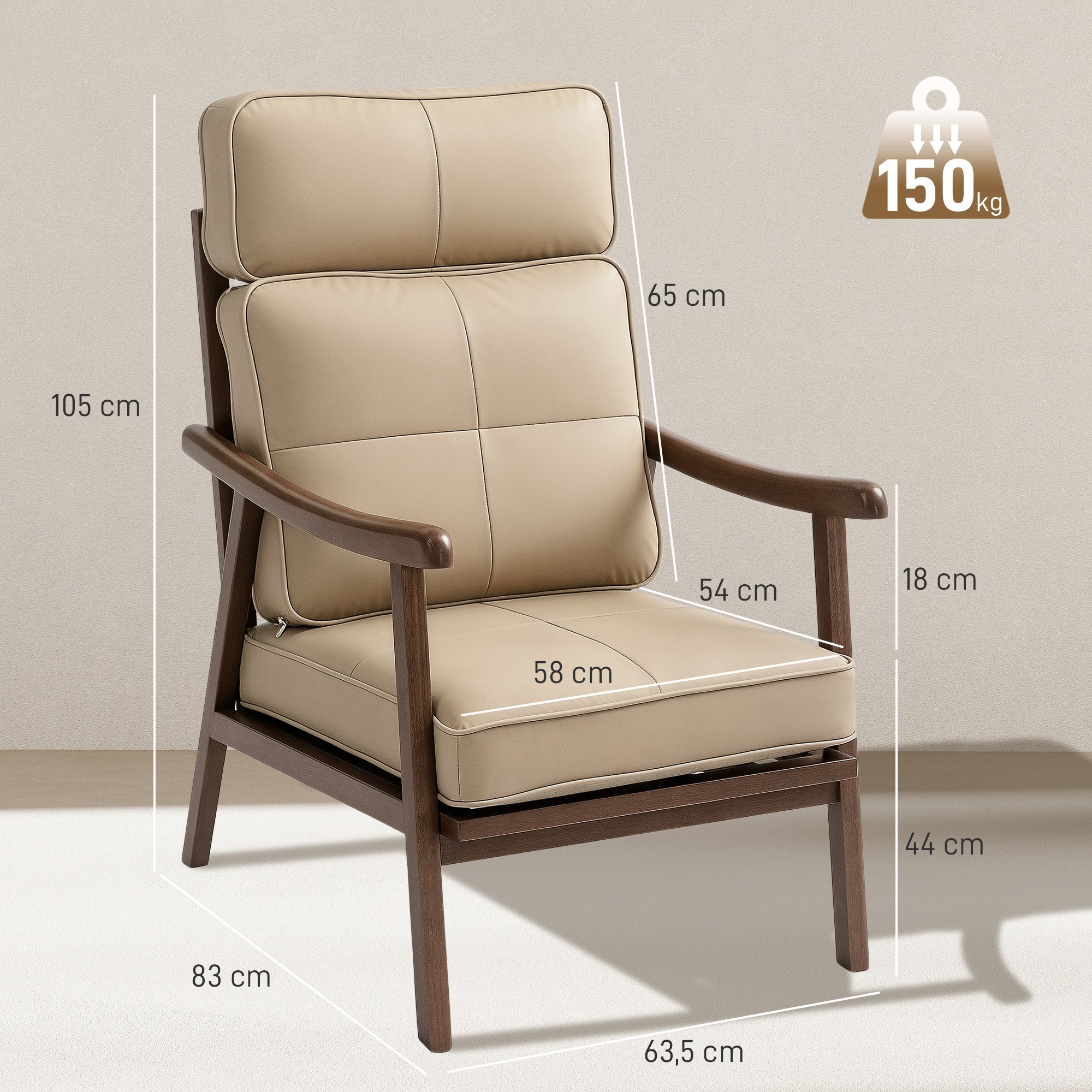 Living Room Armchair Upholstered in PU with Wooden Frame Thick Padded Cushions High Backrest 150 kg Load Reading Armchair for Living Room Bedroom Khaki and Walnut Wood