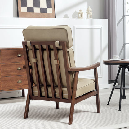 Living Room Armchair Upholstered in PU with Wooden Frame Thick Padded Cushions High Backrest 150 kg Load Reading Armchair for Living Room Bedroom Khaki and Walnut Wood