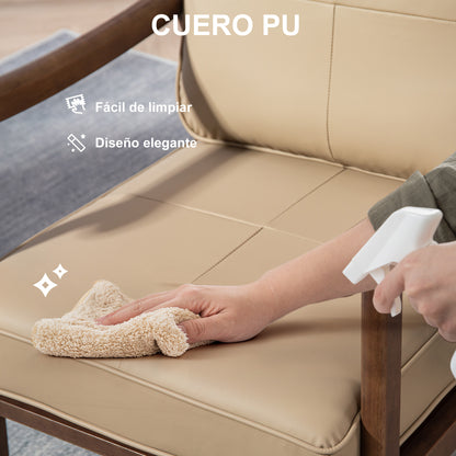 Living Room Armchair Upholstered in PU with Wooden Frame Thick Padded Cushions High Backrest 150 kg Load Reading Armchair for Living Room Bedroom Khaki and Walnut Wood