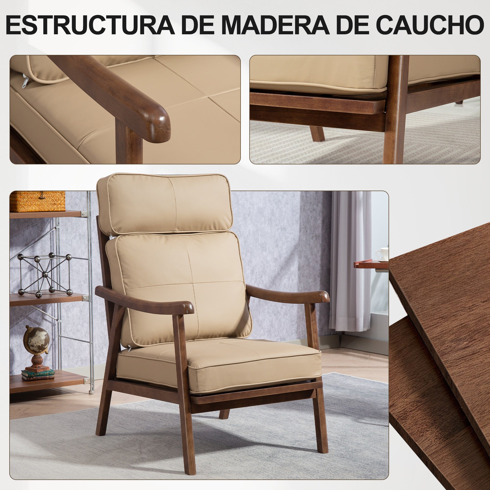 Living Room Armchair Upholstered in PU with Wooden Frame Thick Padded Cushions High Backrest 150 kg Load Reading Armchair for Living Room Bedroom Khaki and Walnut Wood