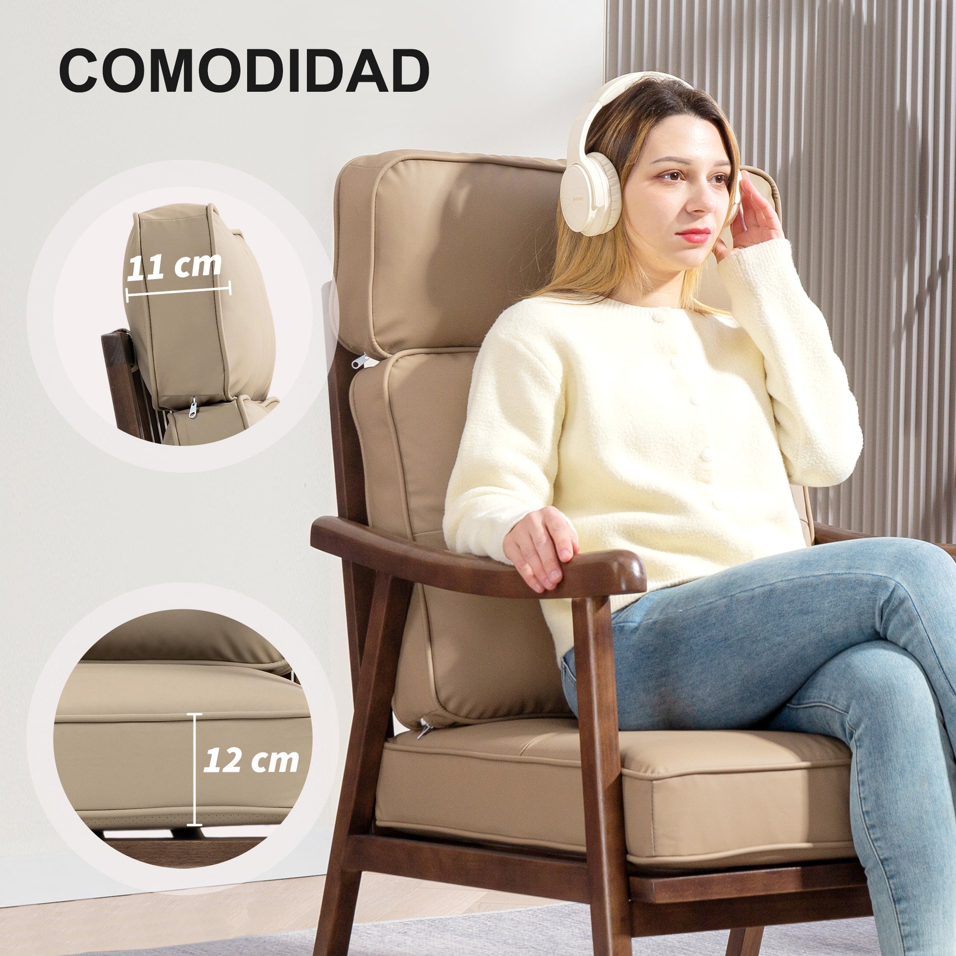 Living Room Armchair Upholstered in PU with Wooden Frame Thick Padded Cushions High Backrest 150 kg Load Reading Armchair for Living Room Bedroom Khaki and Walnut Wood